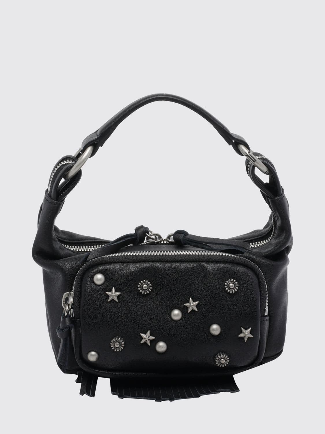 Margesherwood Mini Leather Hobo Bag with Studs, Fringes and Star Embroidery