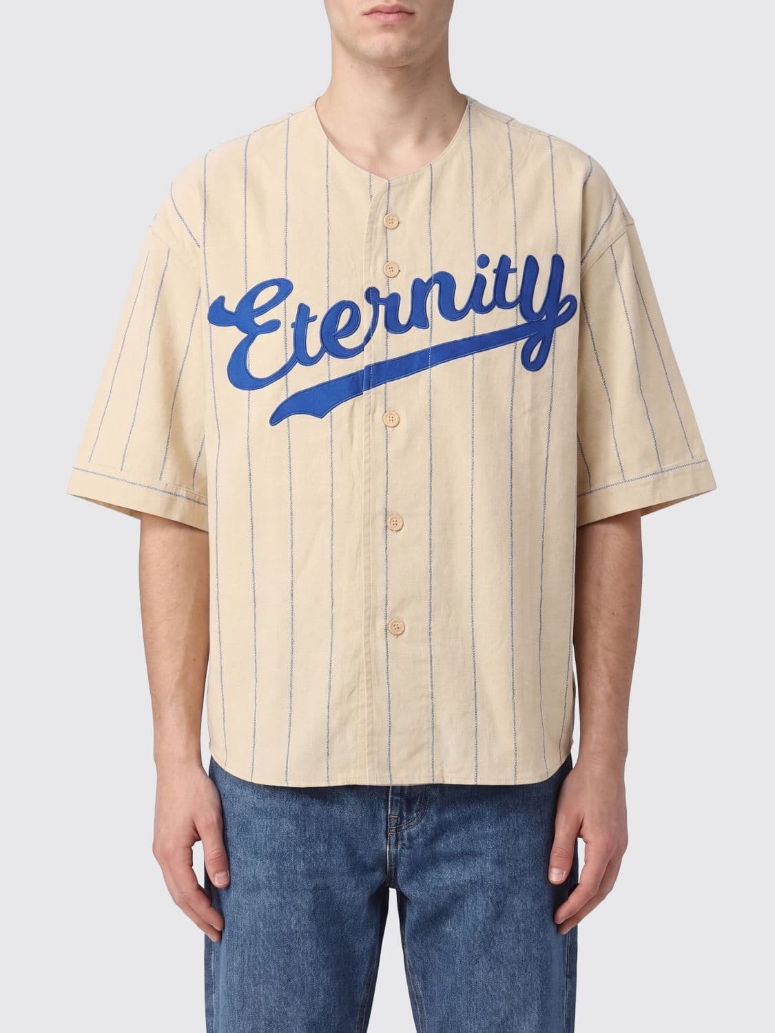 Saint Mxxxxxx Short-Sleeved Striped Bowling Shirt with Slogan Print