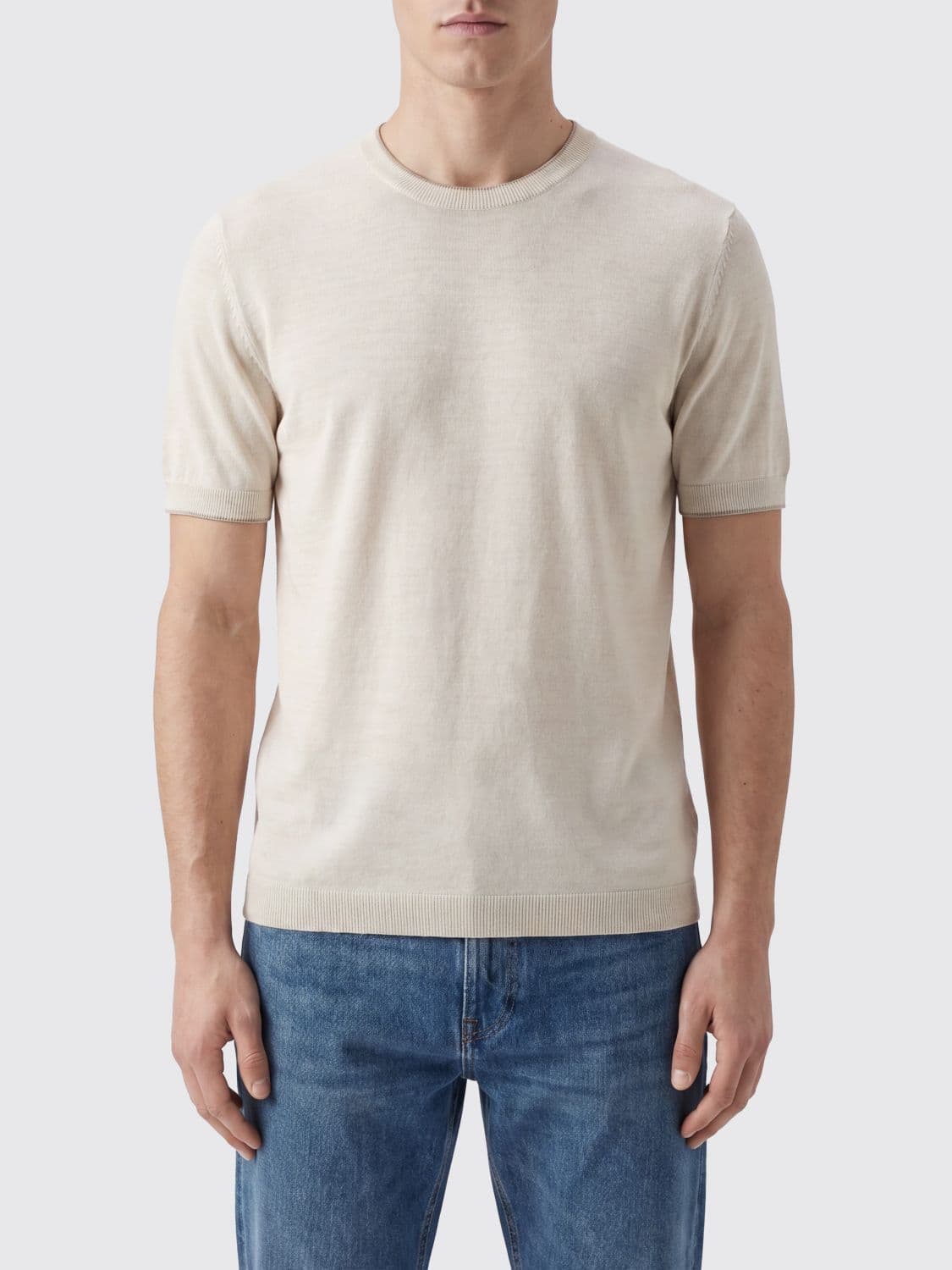 Brooksfield Crewneck T-Shirt in Linen Blend with Ribbed Edges