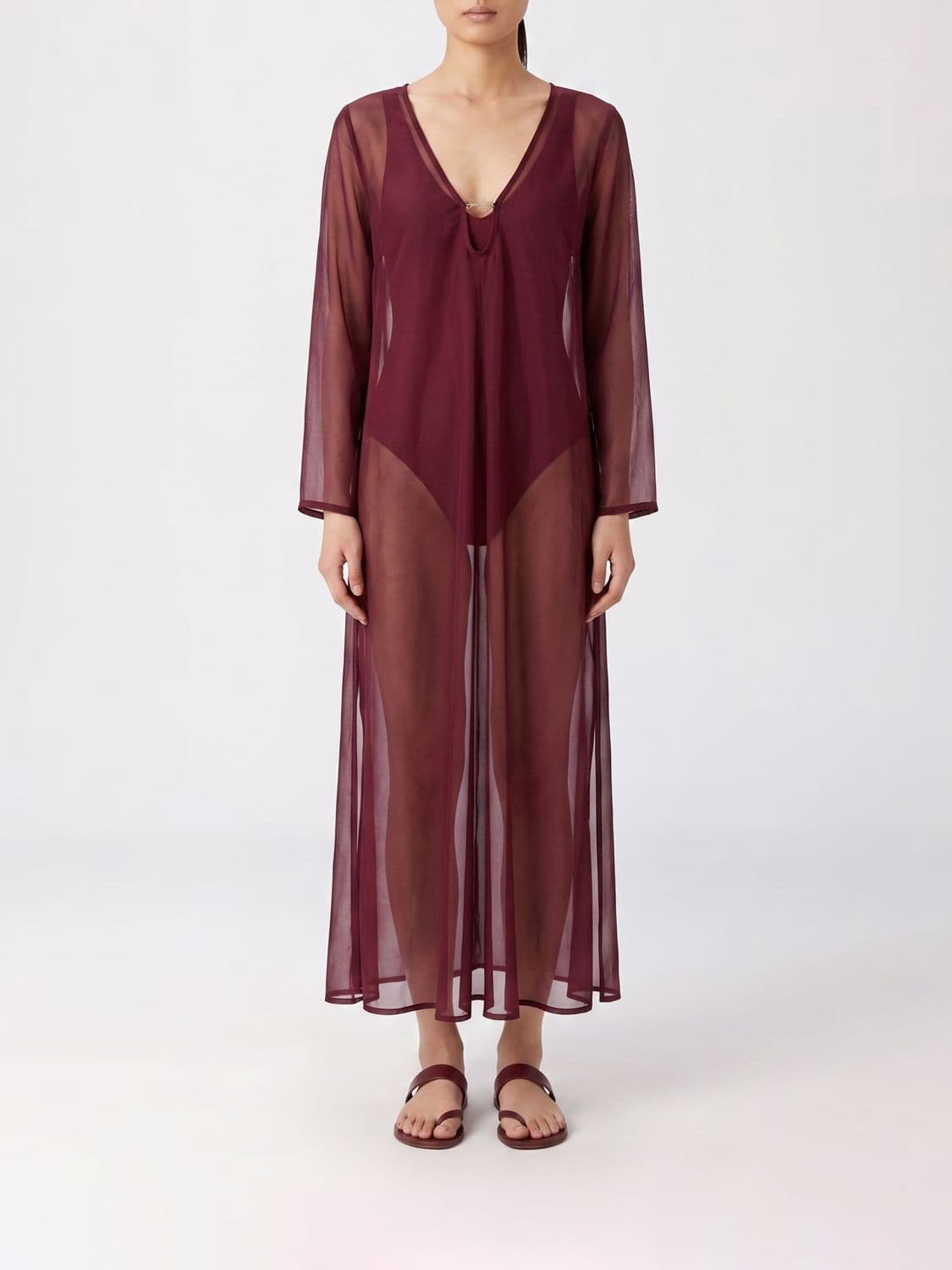Mc2 Saint Barth Sheer Tulle Midi Tunic with V-Neck and Long Sleeves