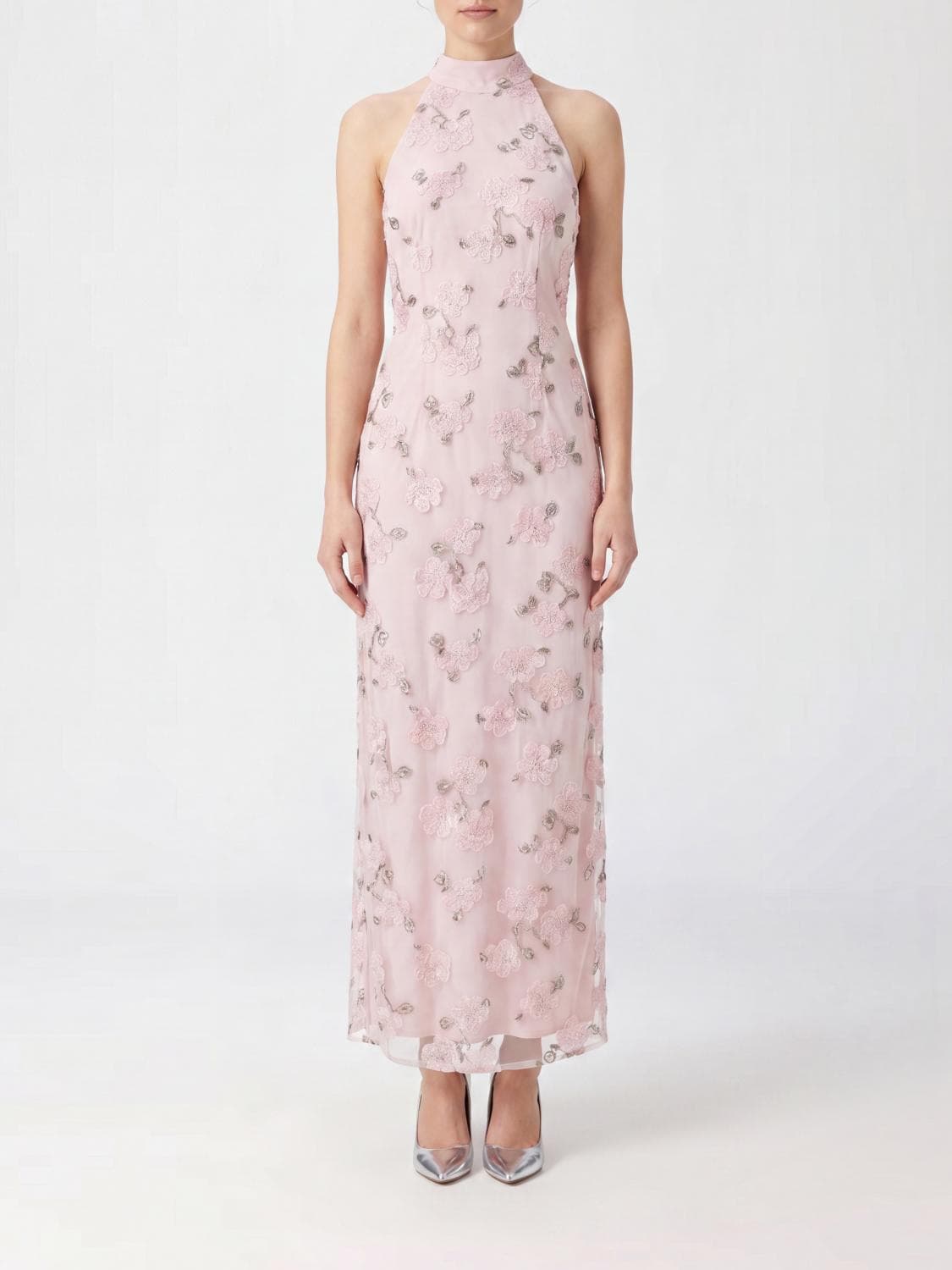 Rotate Halterneck Crêpe Gown with Beaded Embroidery
