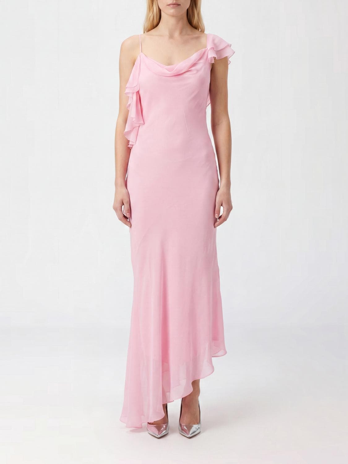 Self-Portrait One-Shoulder Satin Midi Dress with Ruffles and Asymmetrical Hem