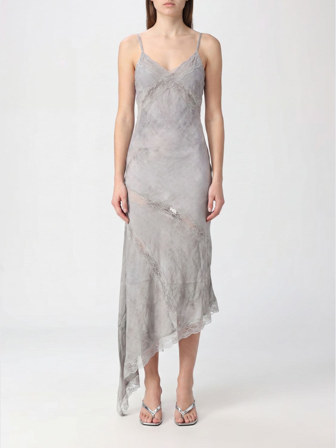 The Andamane Rosetta Satin Midi Dress with Halter Neck and Lace Inserts