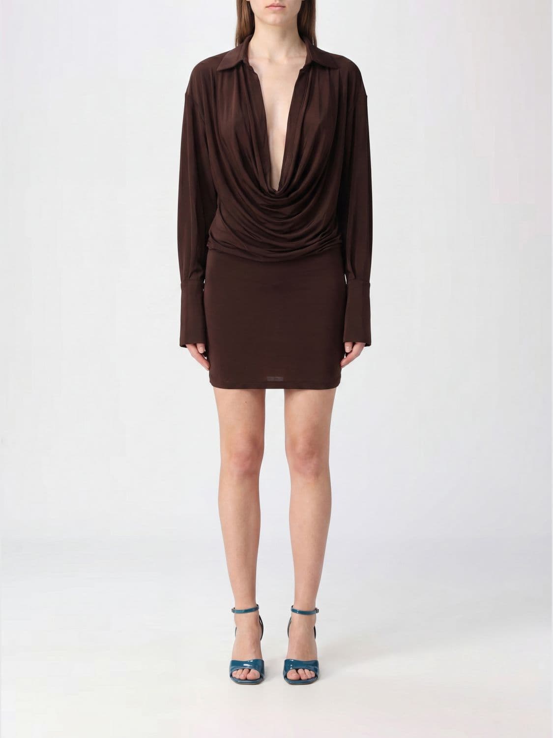The Andamane Long-Sleeved Sheath Mini Dress in Jersey with V-Neck