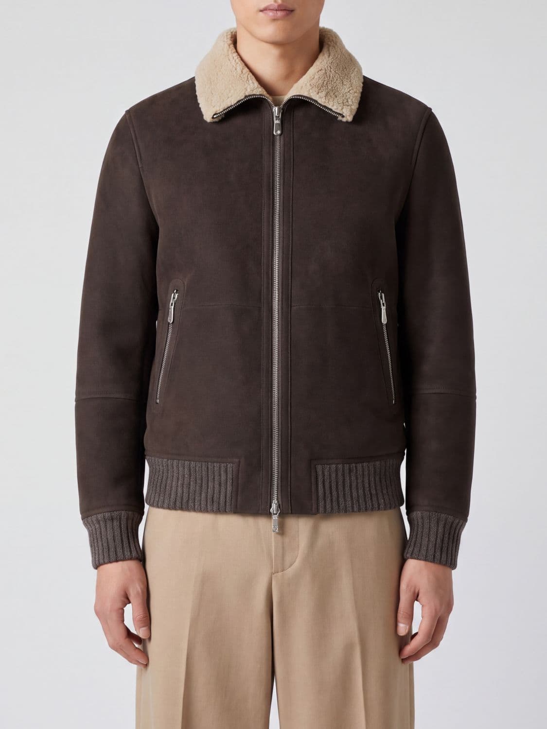 Brunello Cucinelli Suede Calfskin Bomber Jacket with Shearling Details