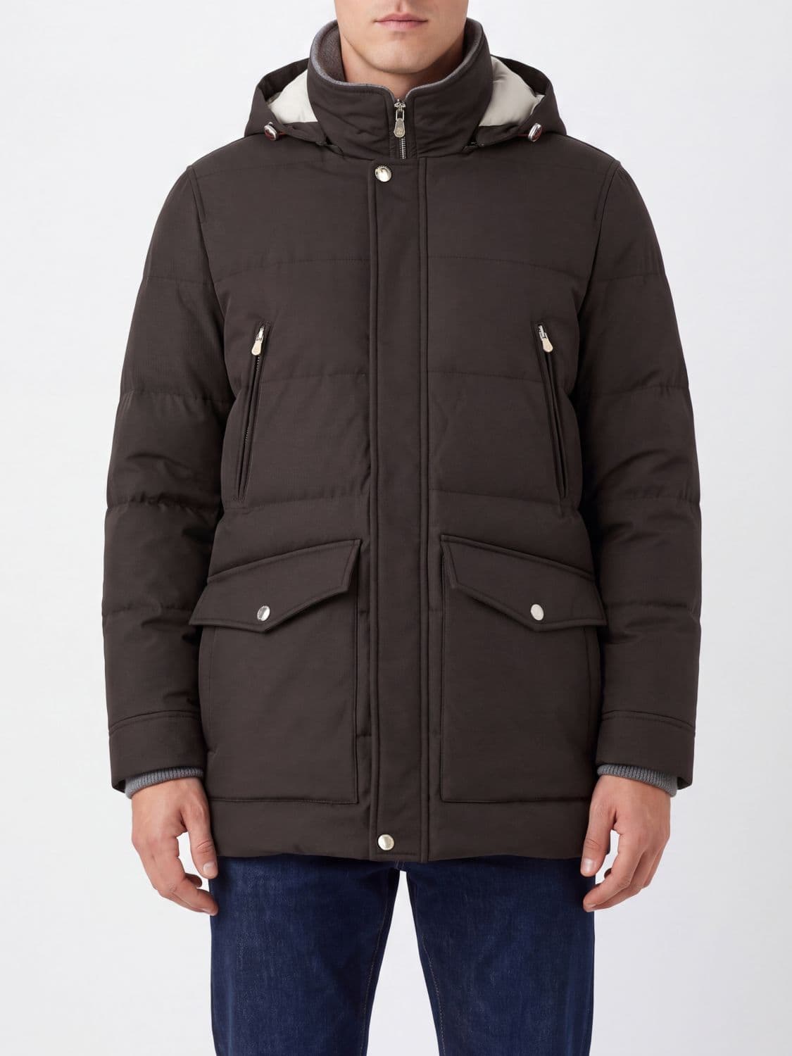 Brunello Cucinelli Short Water-Repellent Nylon Parka with Removable Hood