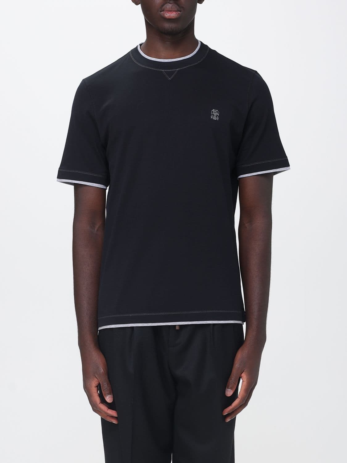 Brunello Cucinelli Slim Fit Cotton T-Shirt with Contrast Logo and Trims