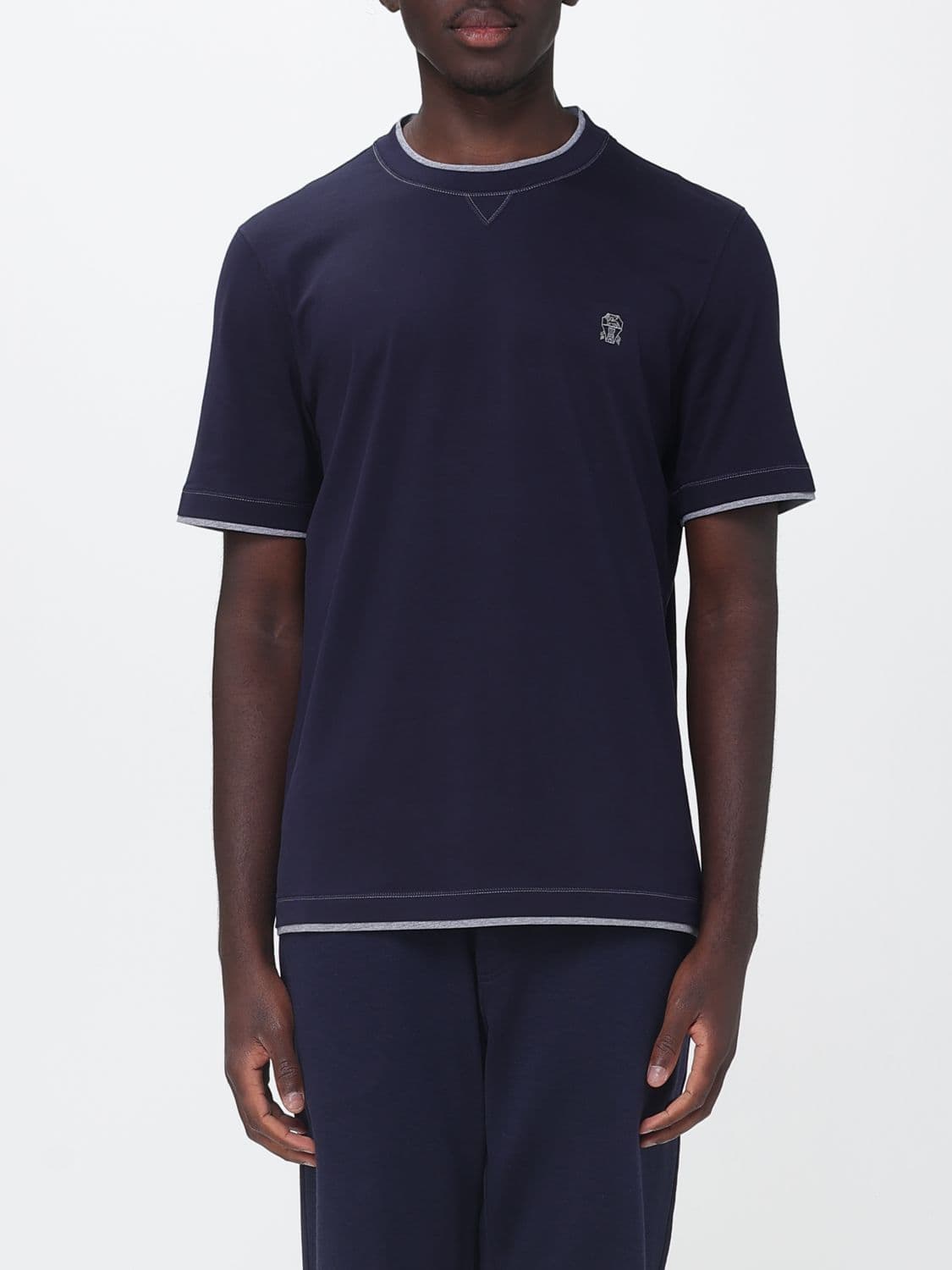 Brunello Cucinelli Slim Fit Cotton T-Shirt with Contrast Logo and Trims