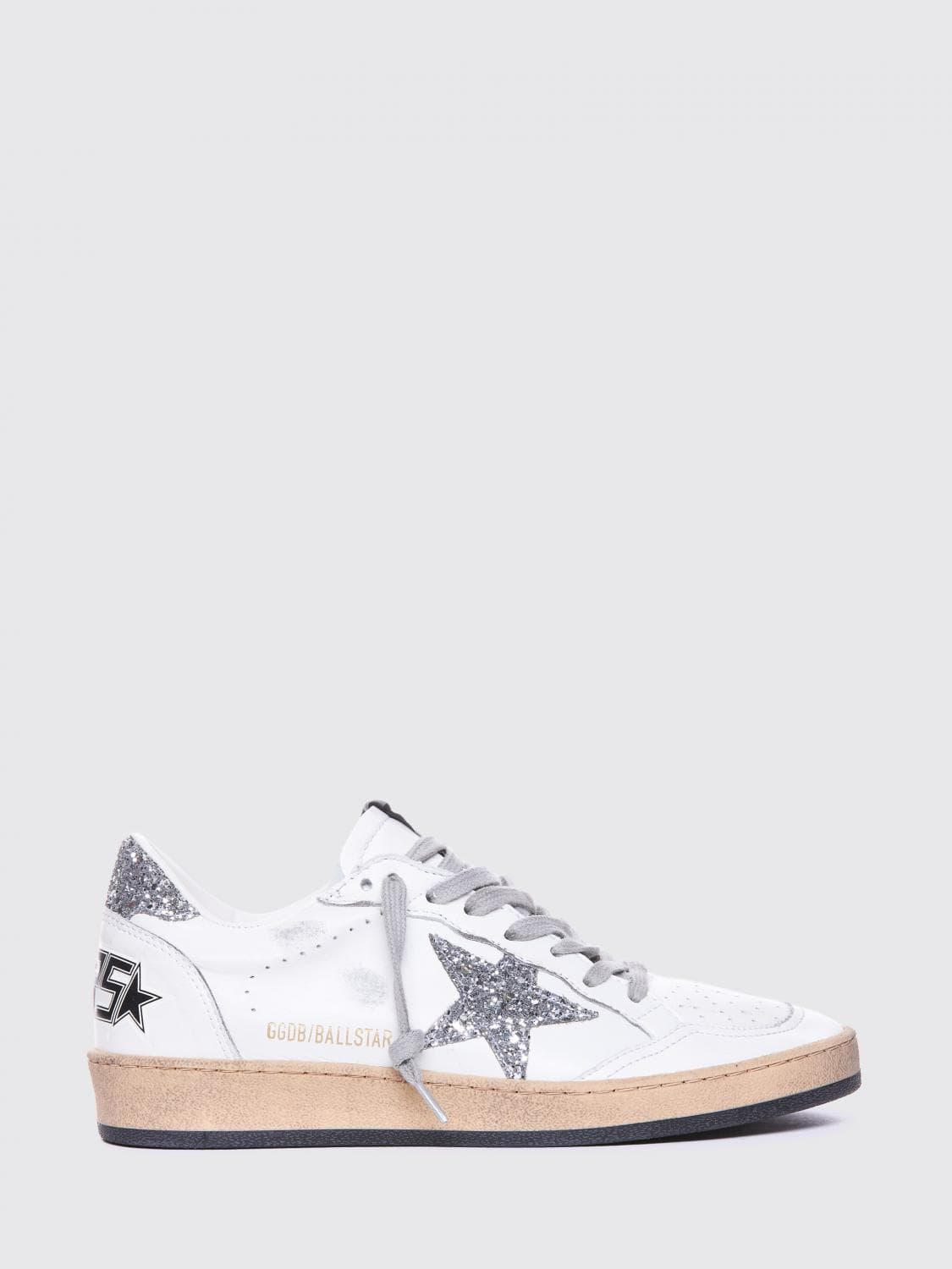 Golden Goose Ball Star Leather Sneakers with Glitter Logo and Distressed Effect