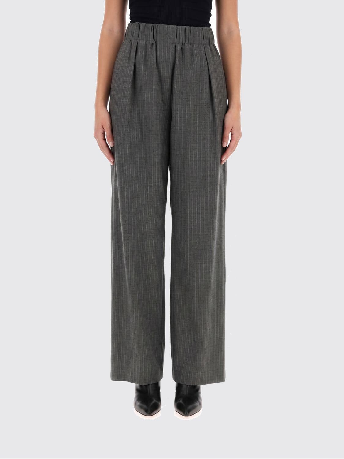 Jil Sander Striped Wool Palazzo Trousers with High Logo Waistband