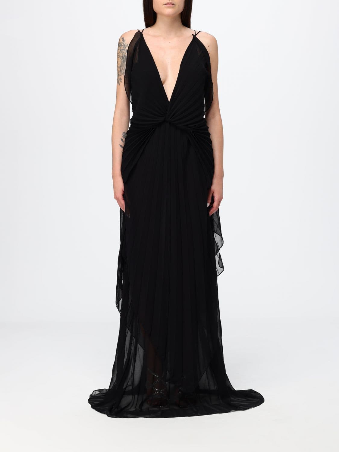 Genny Pleated Chiffon Evening Gown with Train