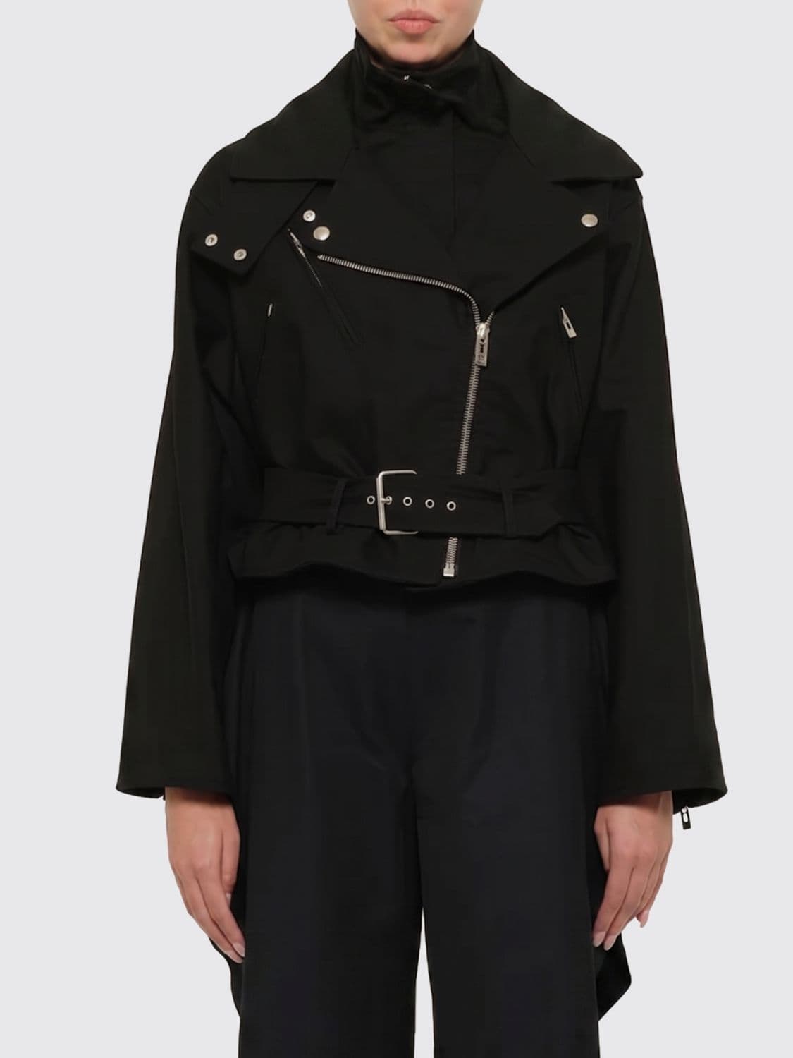 Alaïa Cropped Cotton Biker Jacket with Adjustable Waist Belt