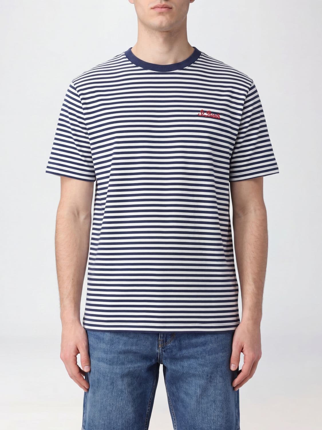 Mc2 Saint Barth Striped Slim Fit Cotton T-Shirt with Contrast Logo