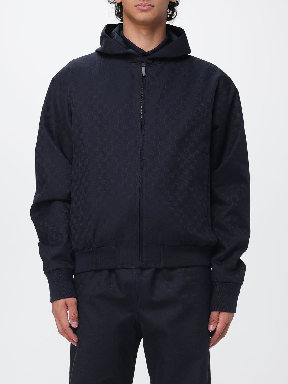 Gucci Blue Cotton Hooded Windbreaker Jacket with GG Motif