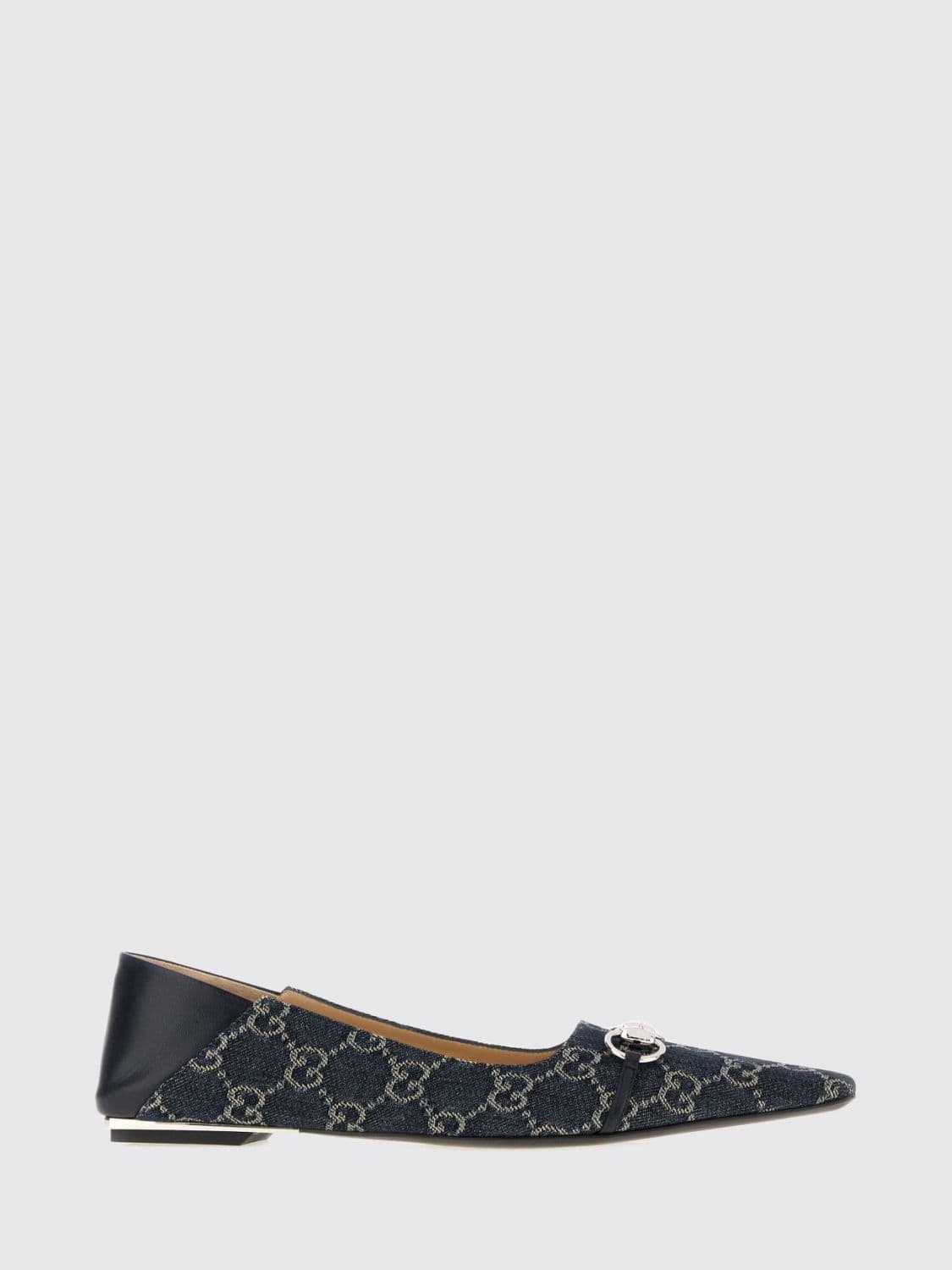 Gucci Vittoria Tapered Toe GG Jacquard Denim Ballet Flats with Horsebit Detail