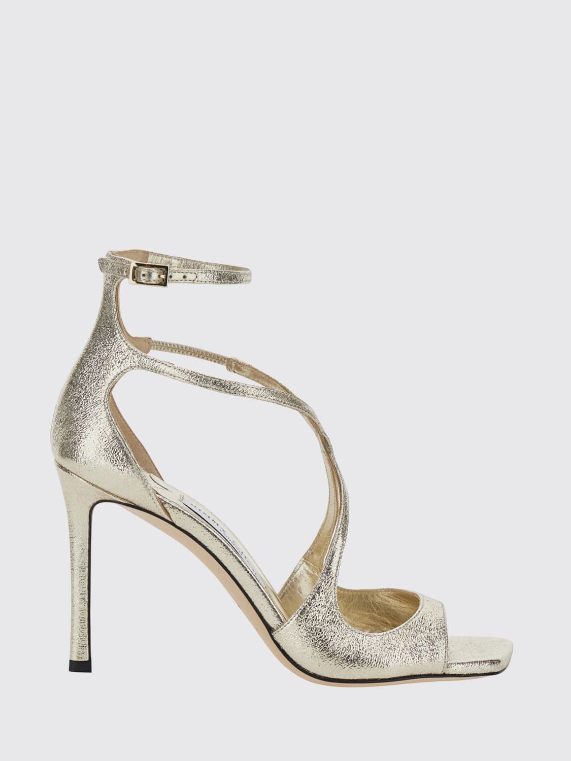 Jimmy Choo Azia Laminated Nappa Sandals with a Stiletto Heel and Square Toe
