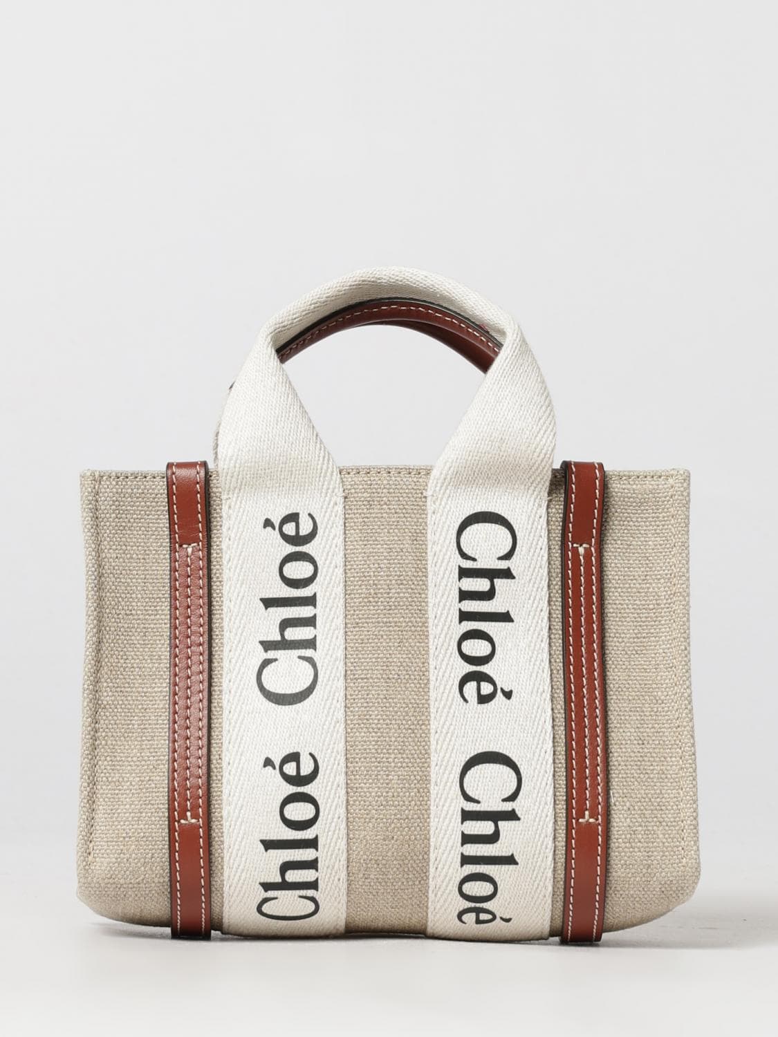 Chloé Woody Mini Linen and Cotton Tote Bag with Logo Handles · OS