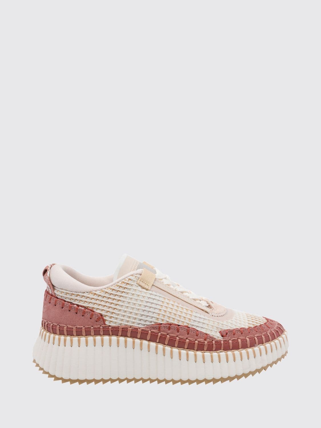 Chloé Nama Platform Sneakers in Leather and Mesh with Contrast Stitching