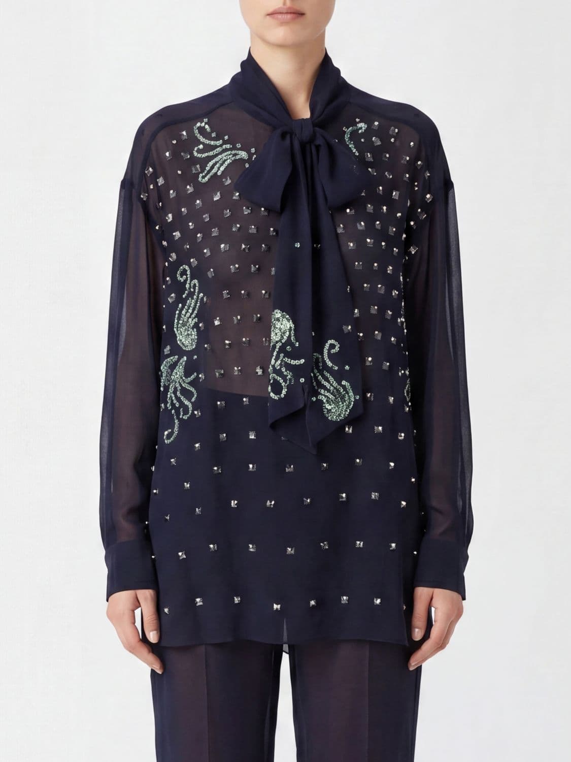 Dries Van Noten Viscose Blouse with Scarf Neck and Rhinestone Embellishment