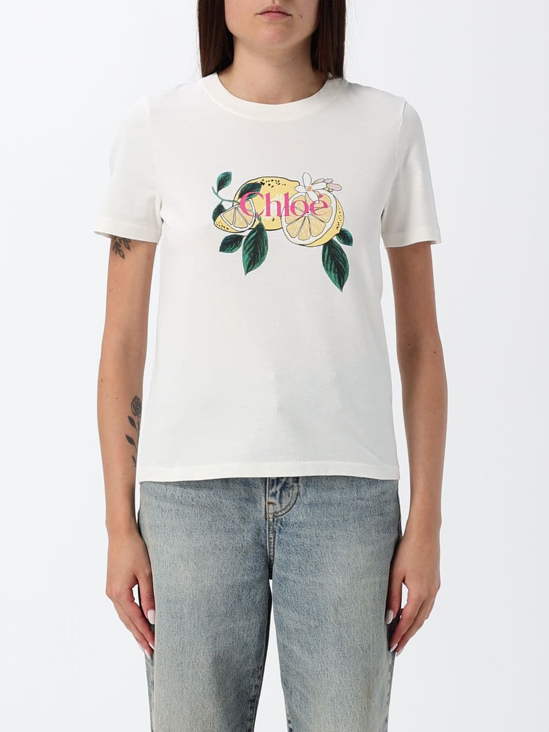 Chloé Slim Fit Crewneck T-shirt in Cotton with a Contrasting Logo Print
