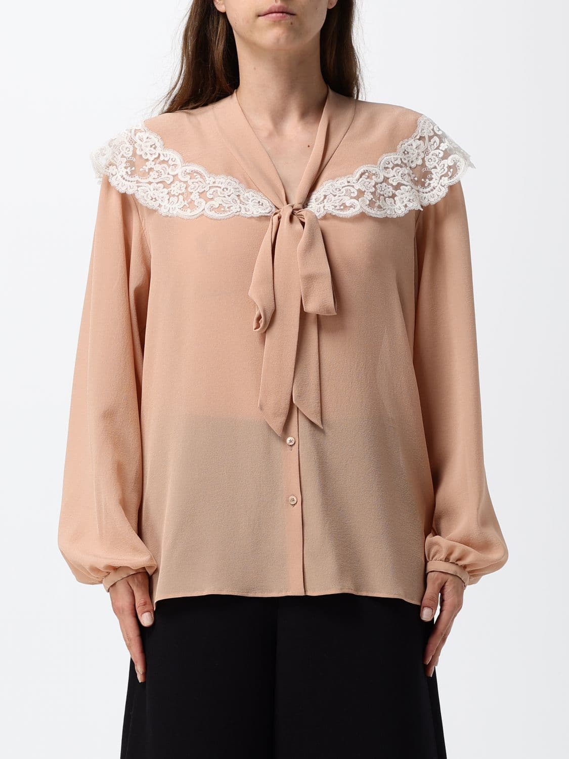 Chloé Silk Pussy-Bow Collar Shirt with Embroidered Lace Inserts