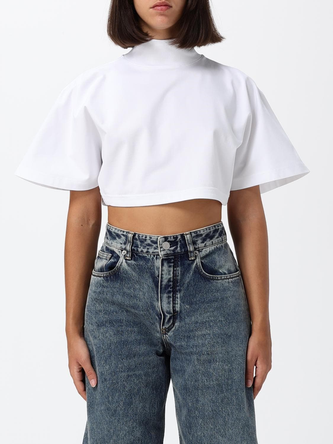 Alaïa Cropped Turtleneck Top in Cotton Jersey with Short Sleeves and Dropped Shoulders