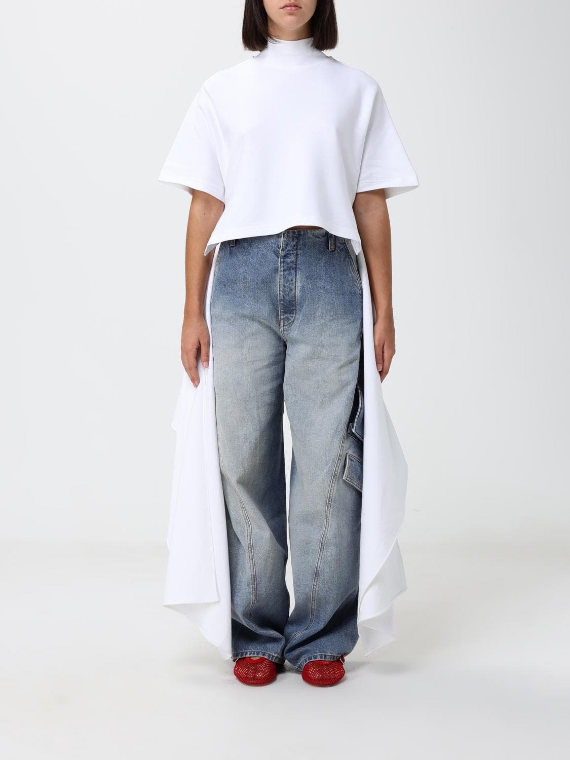 Alaïa Asymmetrical Short-Sleeved Top in Cotton Jersey with Mock Neck