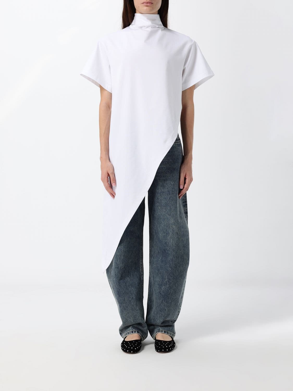 Alaïa Asymmetrical Draped Cotton Jersey Turtleneck Top