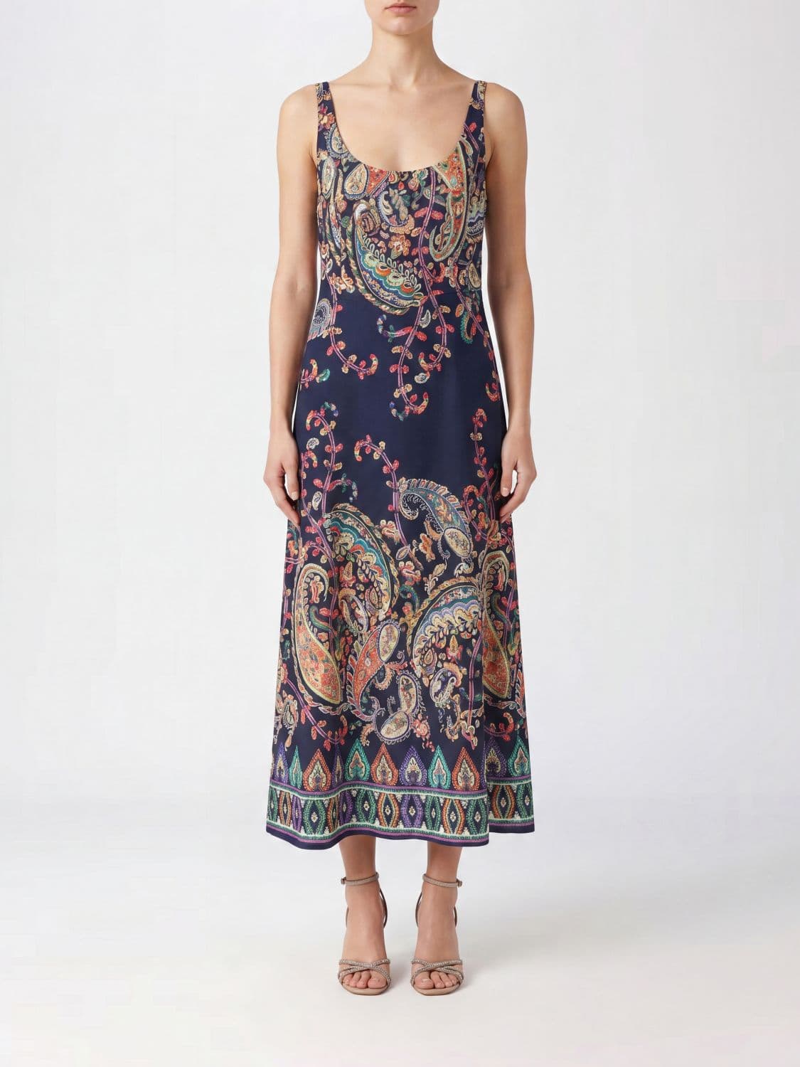 Etro Paisley Print Crêpe Midi Dress with a Tie-Waist Sash Belt · 42