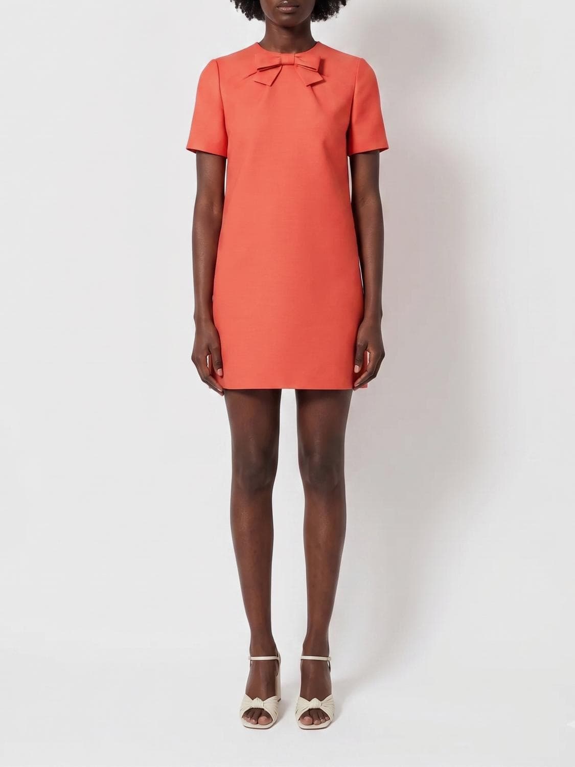 Valentino Wool and Silk Sheath Mini Dress with Bow Detail and V-Neck