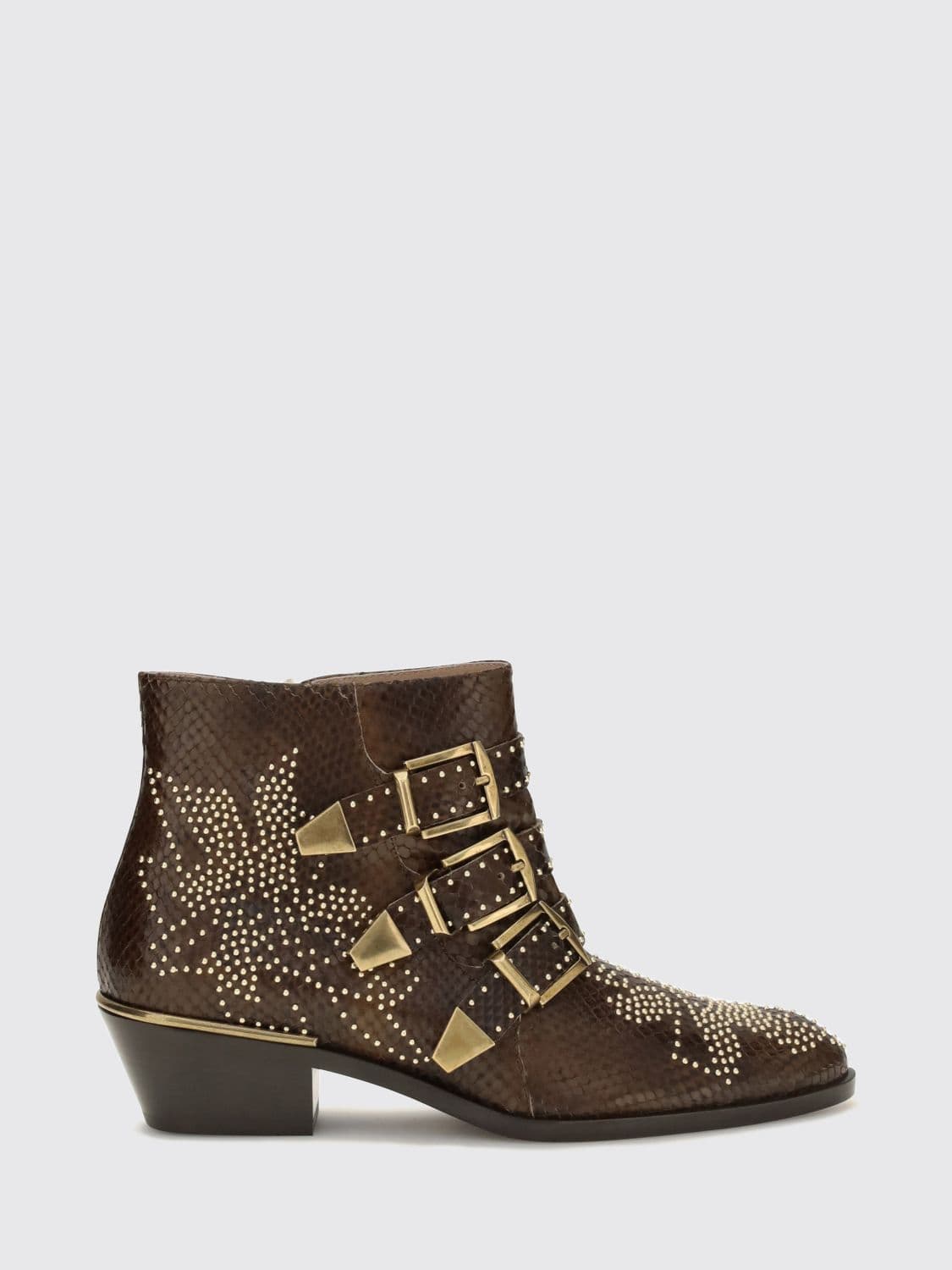 Chloé Susanna Biker Ankle Boots in Calfskin with Studs and Python Embroidery