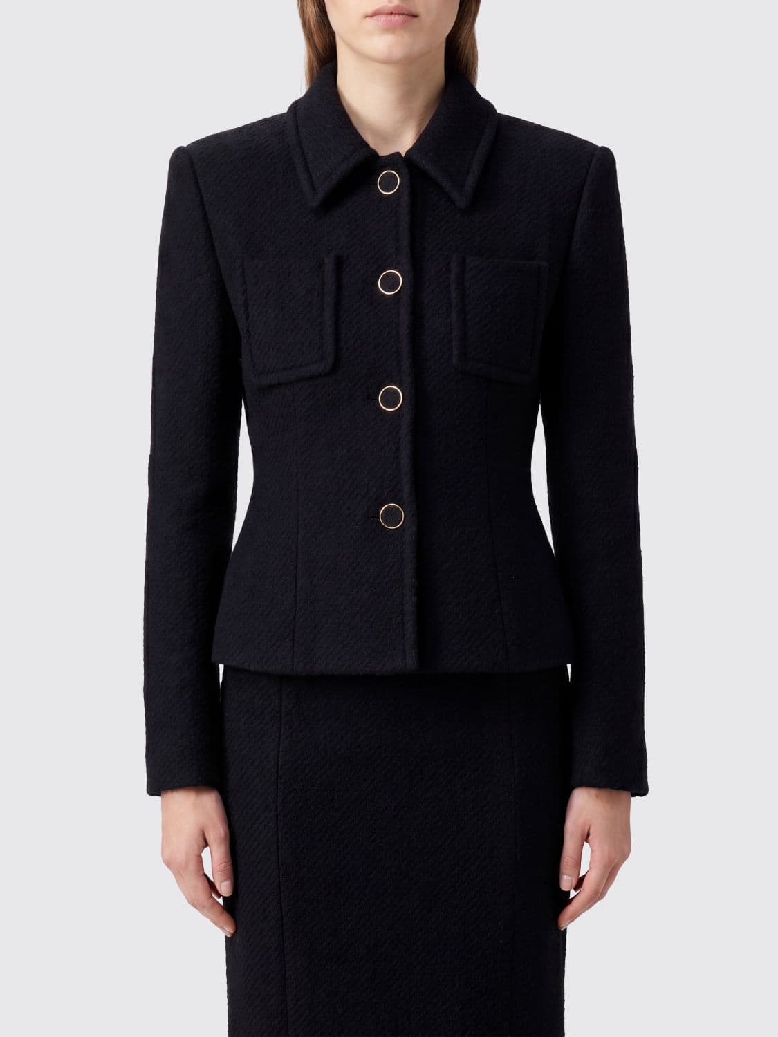 Chloé Slim Fit Single-Breasted Short Wool Coat with Patch Pockets