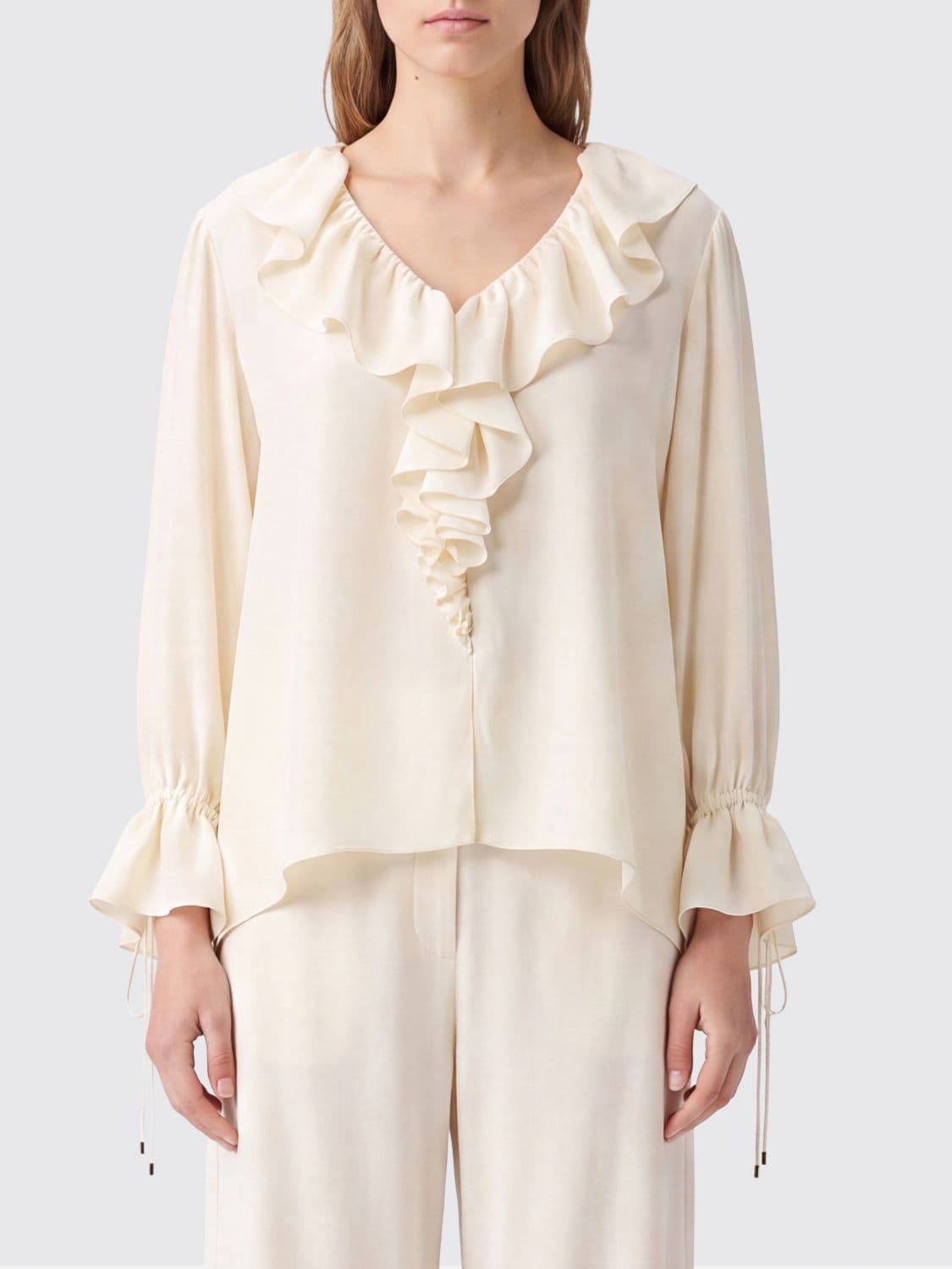 Chloé Long-Sleeved Silk Shirt with Ruffles and V-Neck