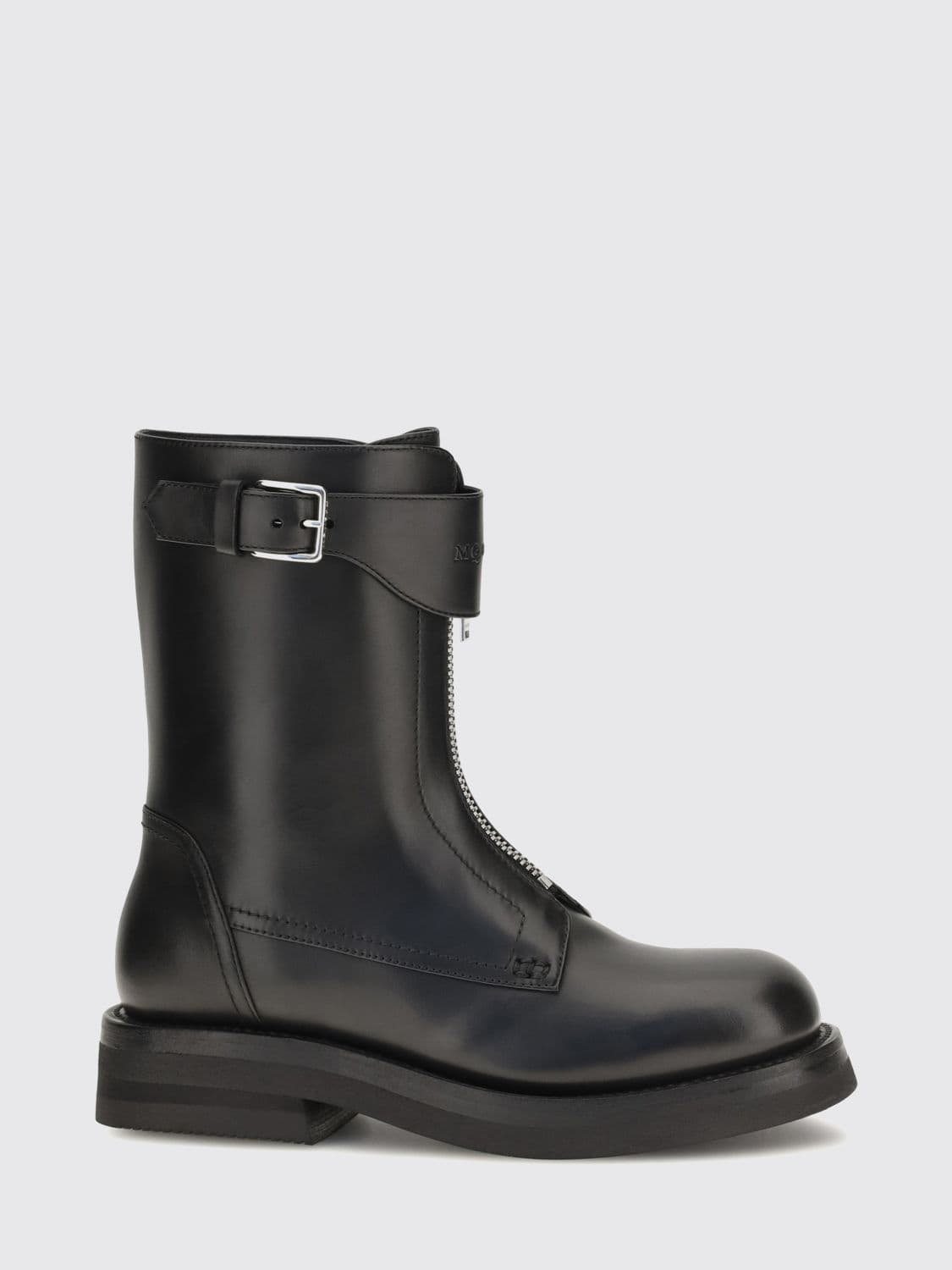 Mcqueen Calfskin Biker Boots with Zip and Strap