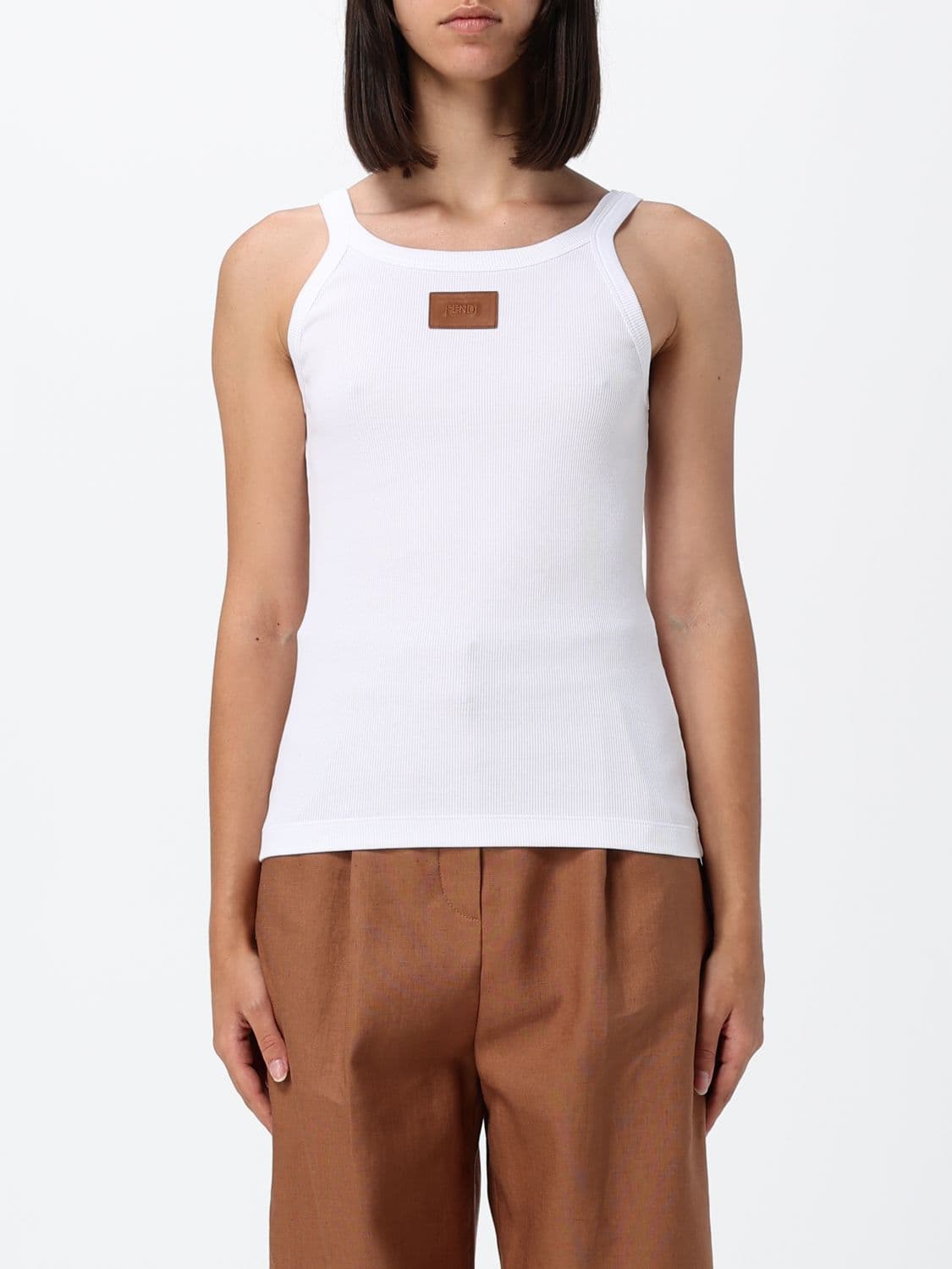 Fendi Slim Fit Cotton Top with Shoulder Straps and Applied Logo