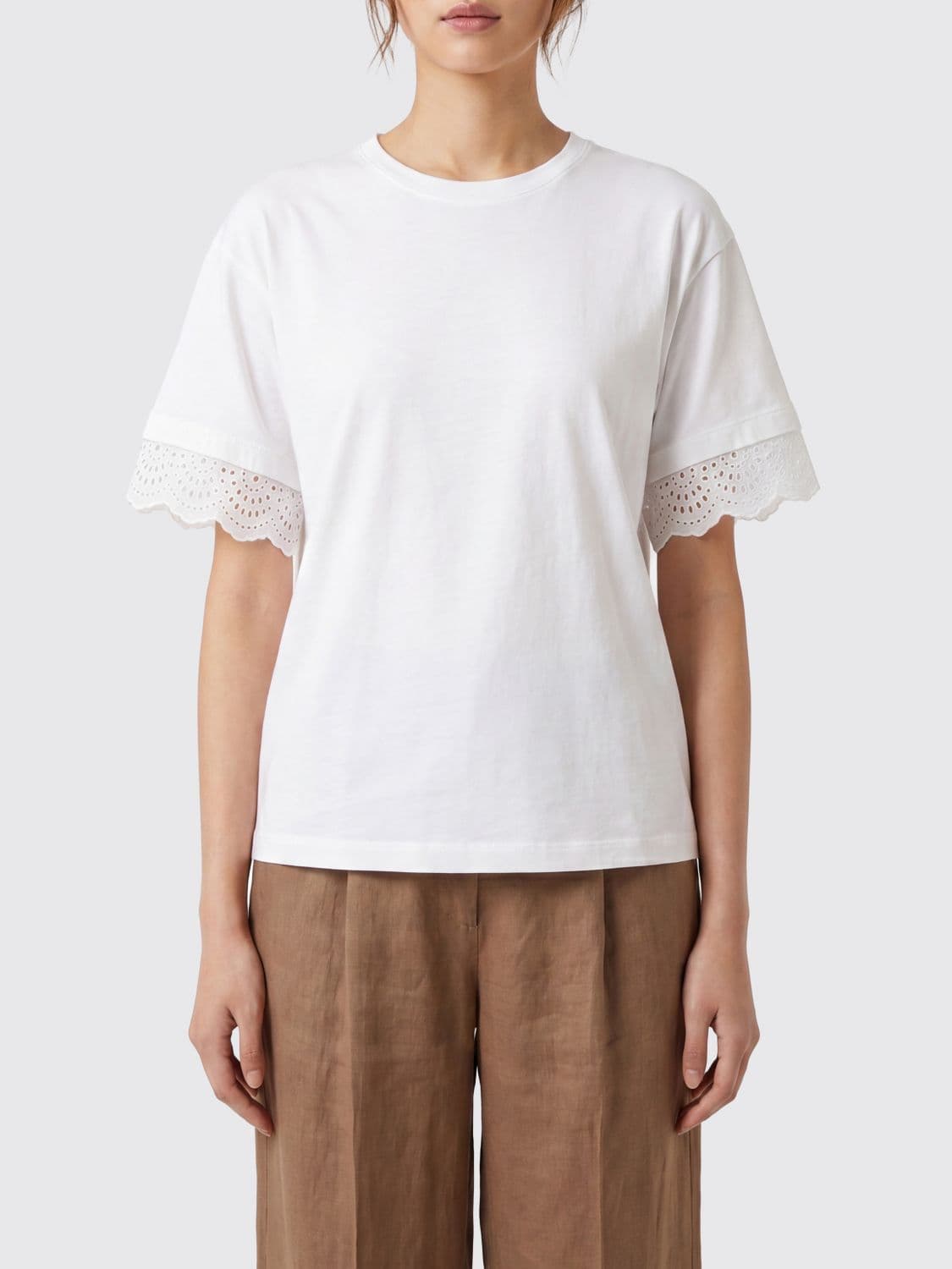 Alberta Ferretti Short-Sleeved Cotton T-Shirt with Embroidered Back Logo