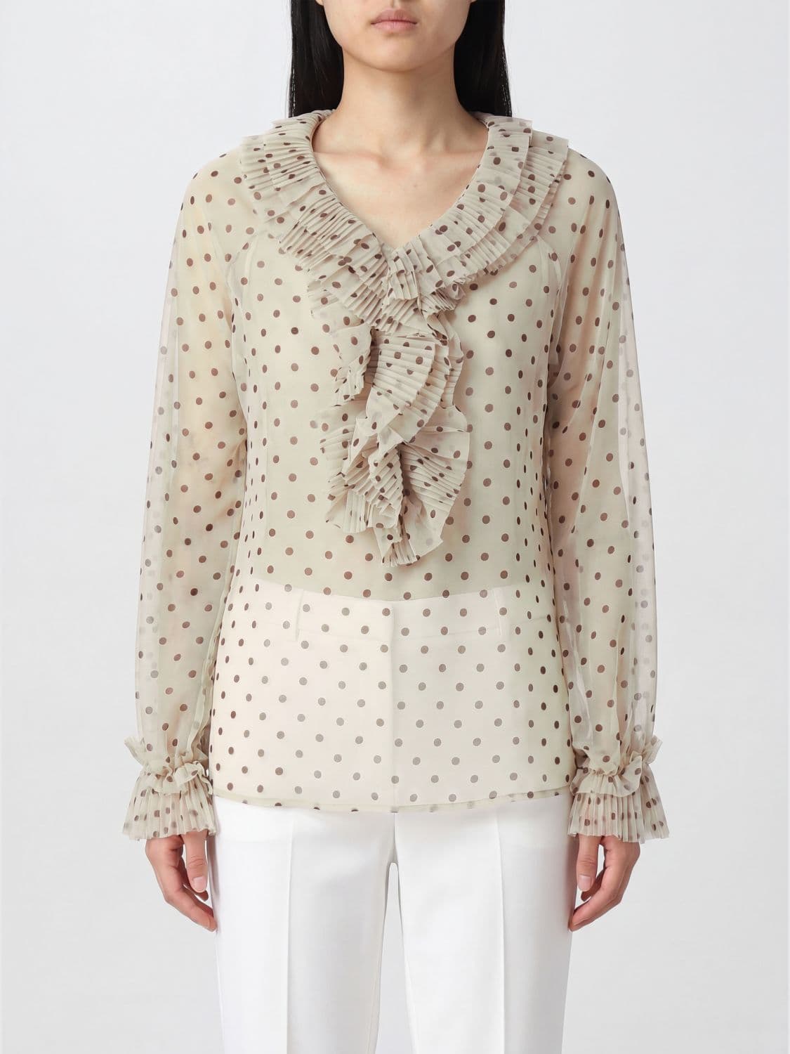 Parosh Ruffled V-Neck Blouse P. A.R. O.S. H. in Embroidered Polka Dot Crêpe