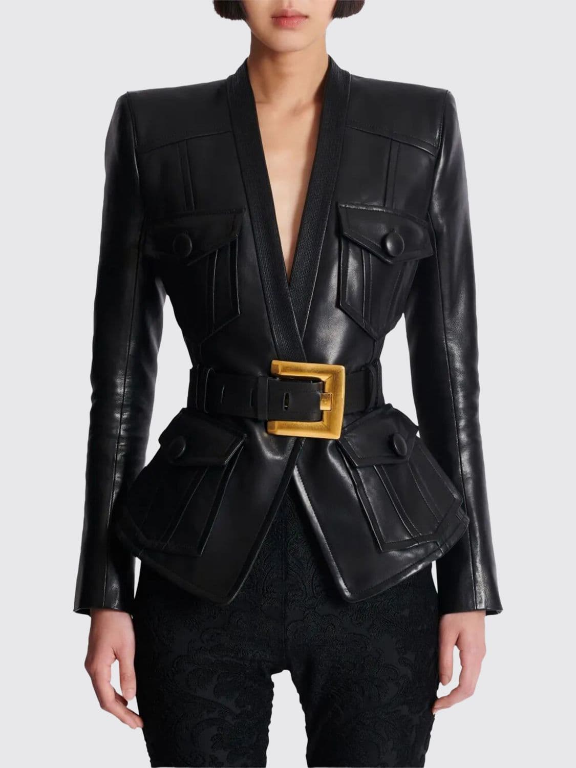 Balmain Cropped Lamb Leather Jacket with Belt and Padded Shoulders
