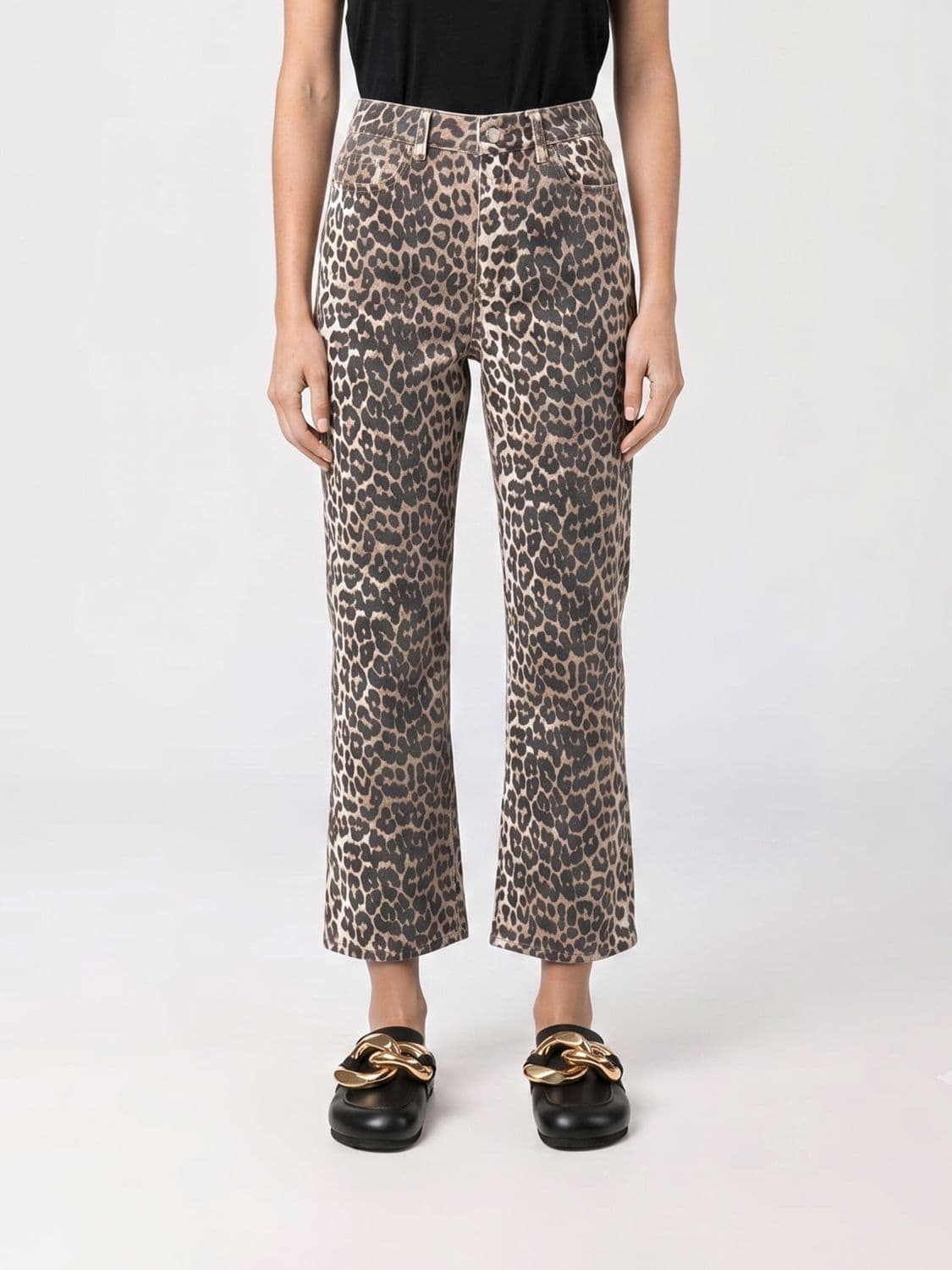 Ganni High-Waisted Animal Print Cropped Flare Jeans