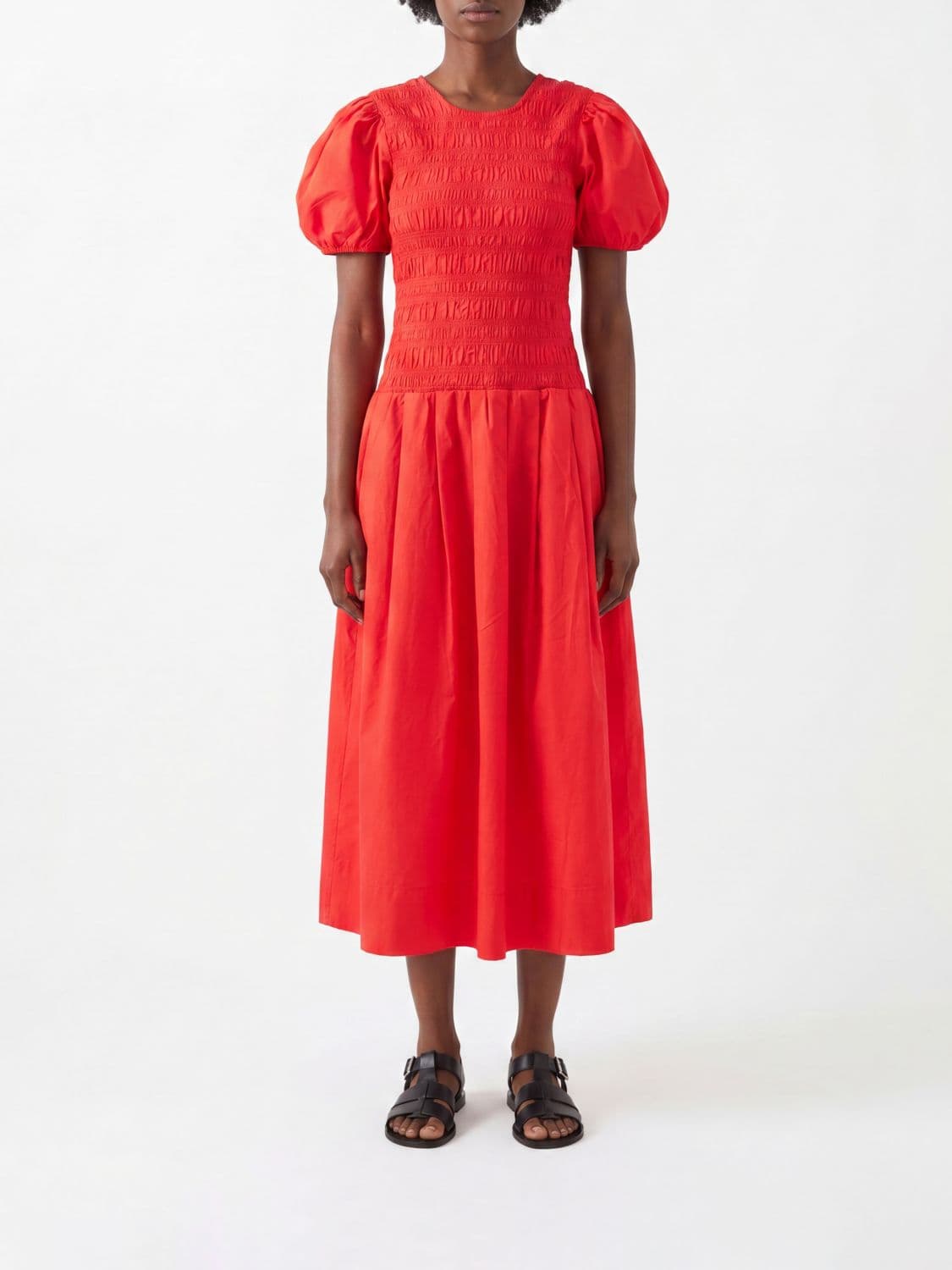 Ganni Puff-Sleeve Organic Cotton Midi Dress