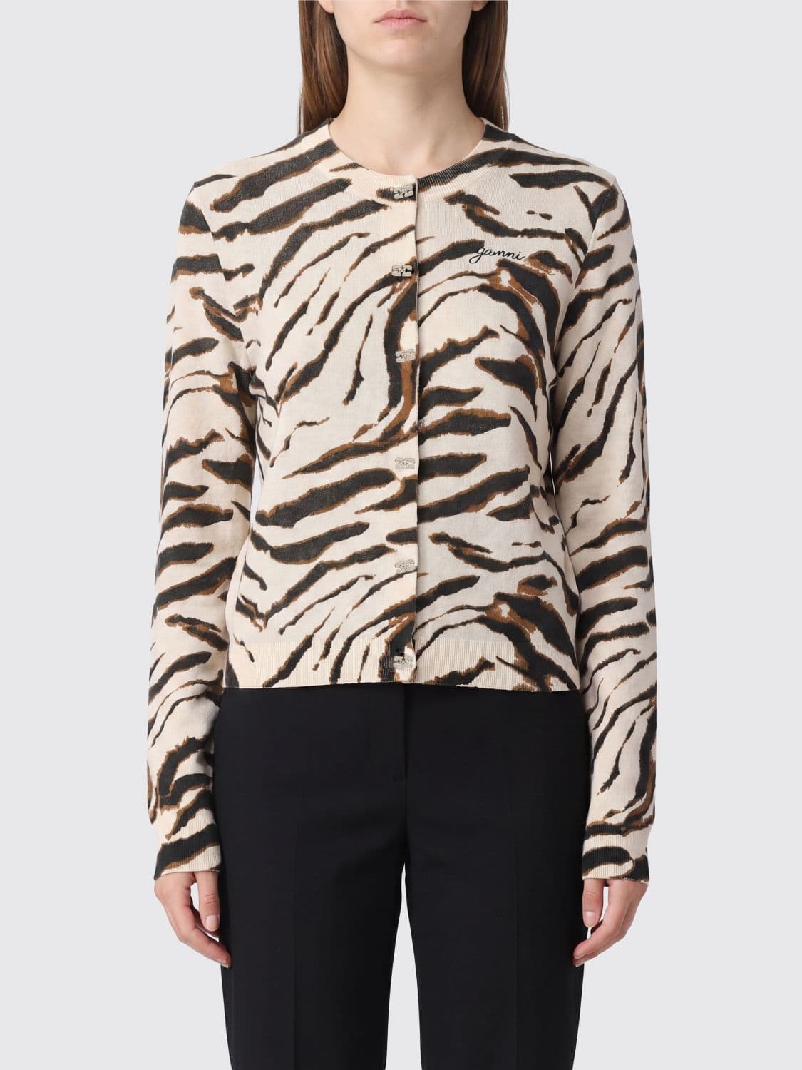 Ganni Zebra-Print Organic Cotton Cardigan with Logo