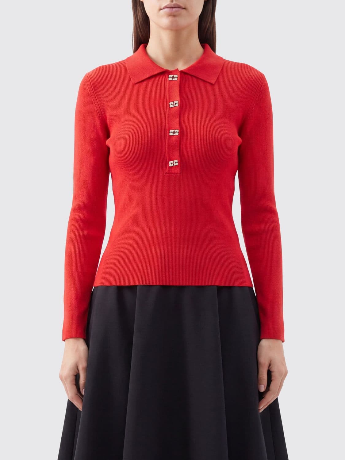 Ganni Butterfly Logo Ribbed-Knit Wool Polo