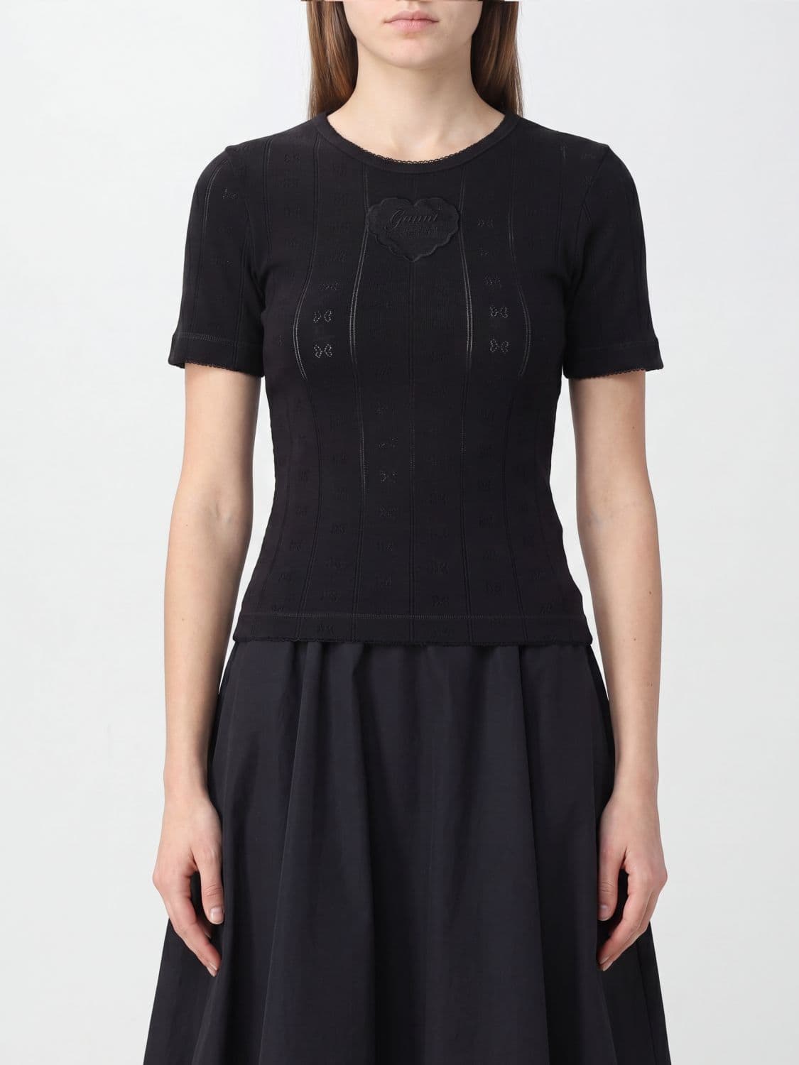 Ganni Short-Sleeved Knit Top in Organic Cotton