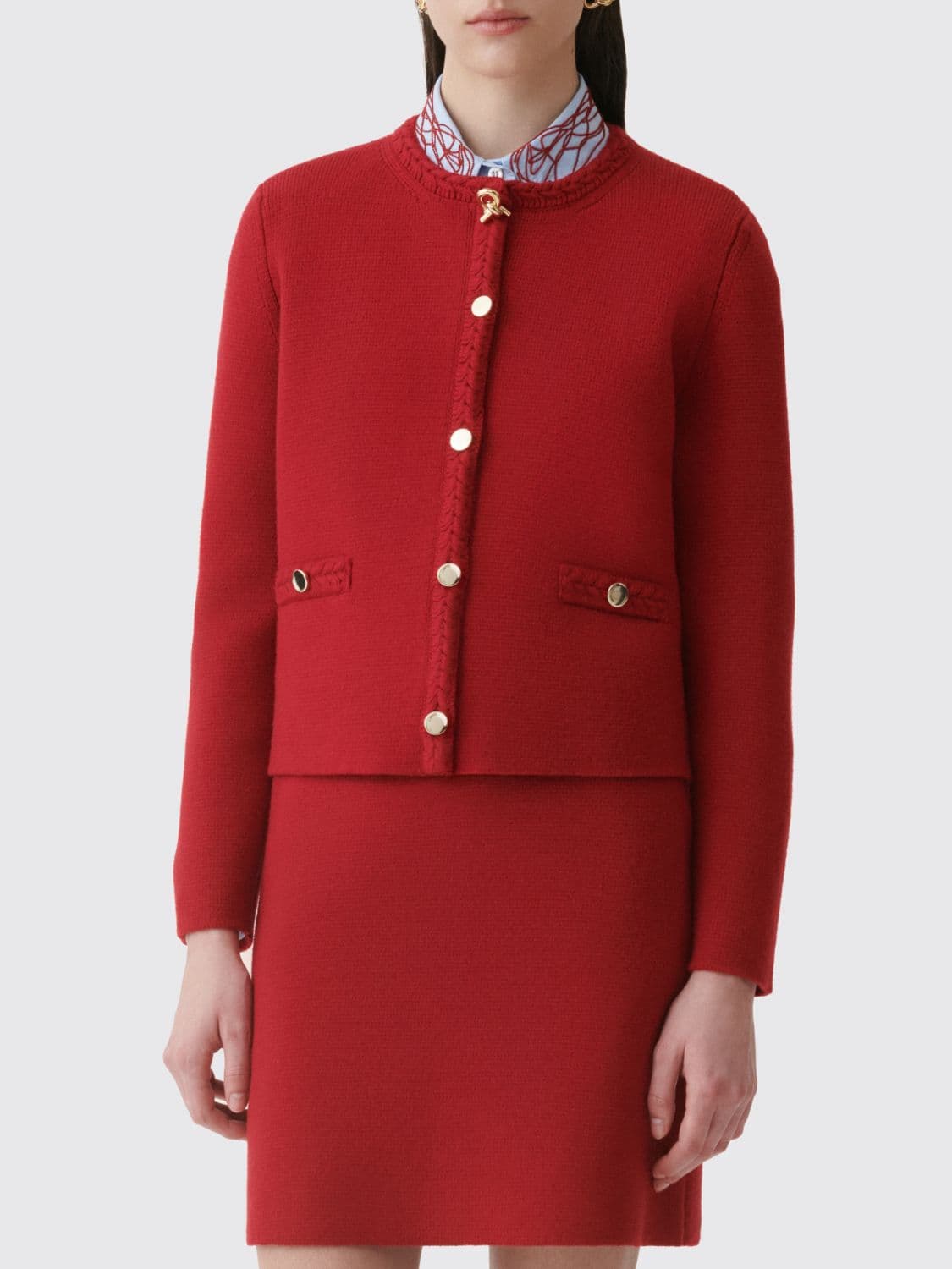 Fabiana Filippi Crew-Neck Pure Virgin Wool Cropped Jacket with Metal Buttons