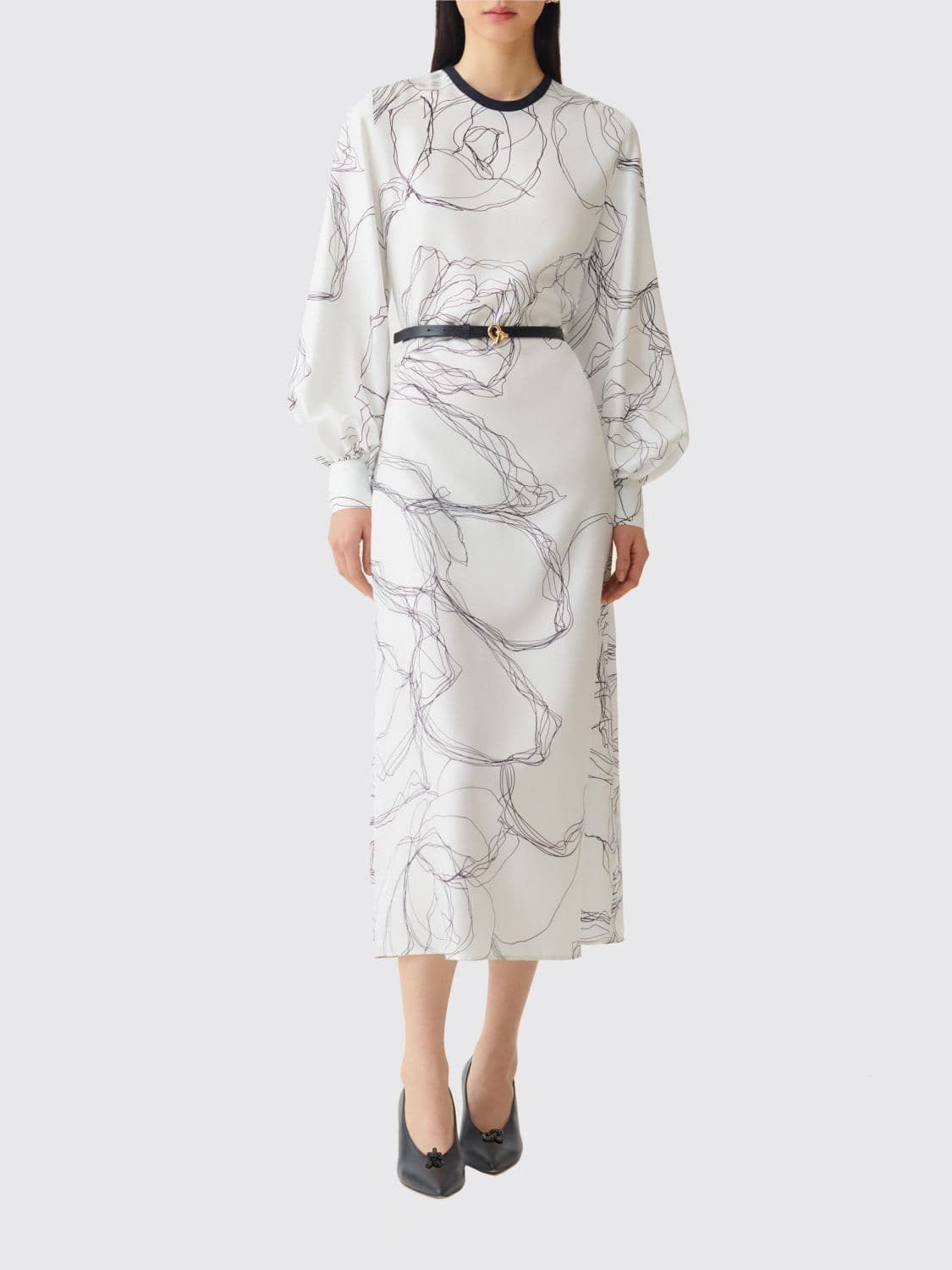 Fabiana Filippi Floral Print Silk Midi Sheath Dress with Balloon Sleeves