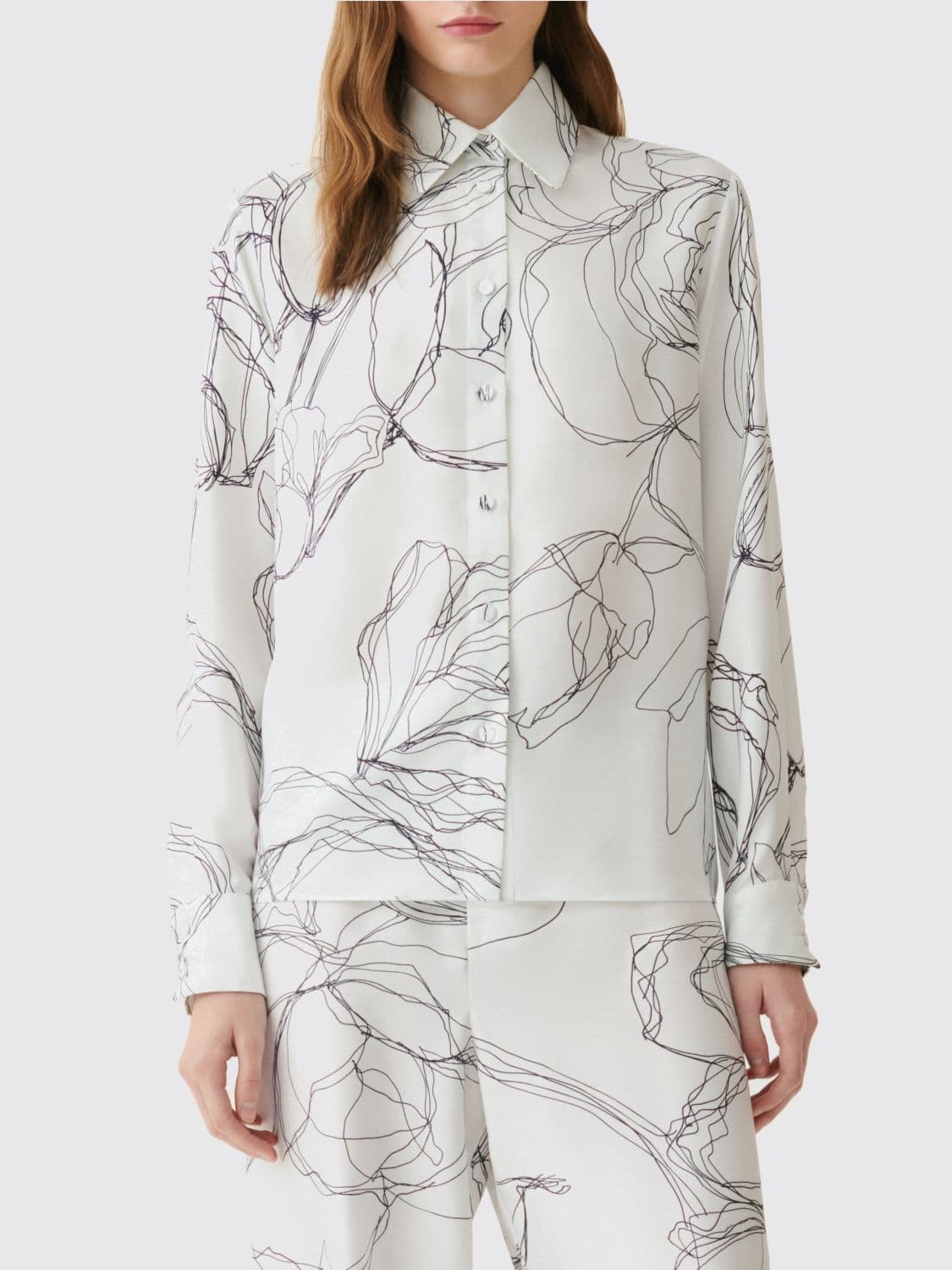 Fabiana Filippi Long-Sleeved Floral Print Silk Shirt with French Collar