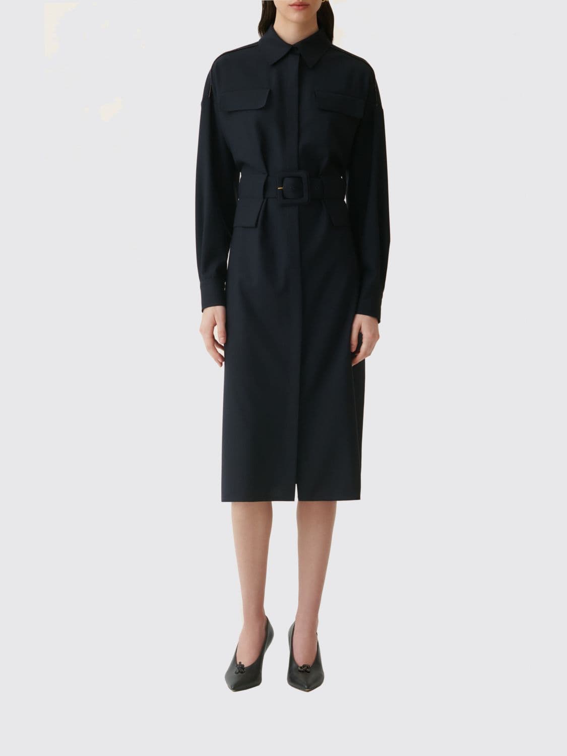 Fabiana Filippi Wool-Blend Midi Chemisier Dress with Waist Belt