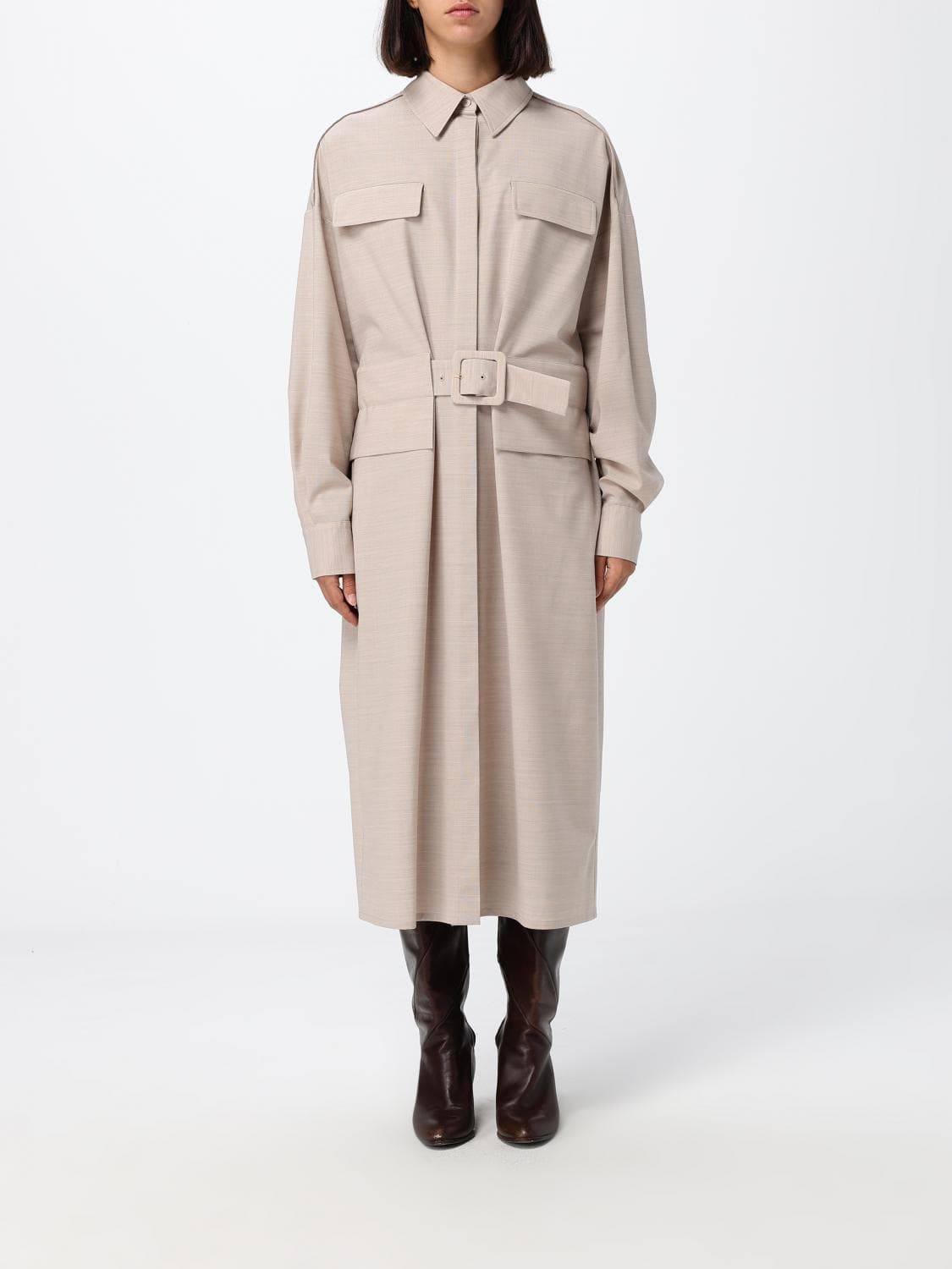 Fabiana Filippi Wool-Blend Midi Chemisier Dress with Waist Belt