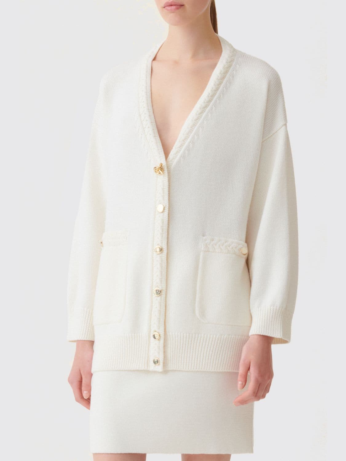 Fabiana Filippi V-Neck Virgin Wool Cardigan with Dropped Shoulders