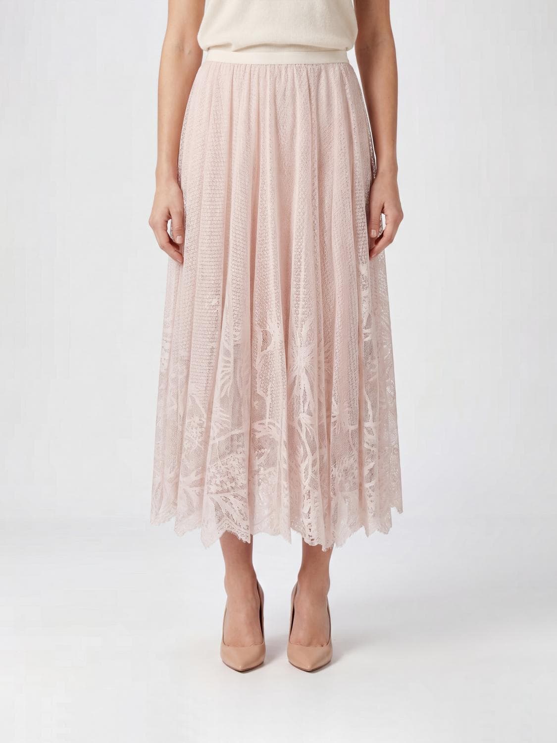 Fabiana Filippi High-Waisted Lace Midi Full Skirt with Elastic Waist